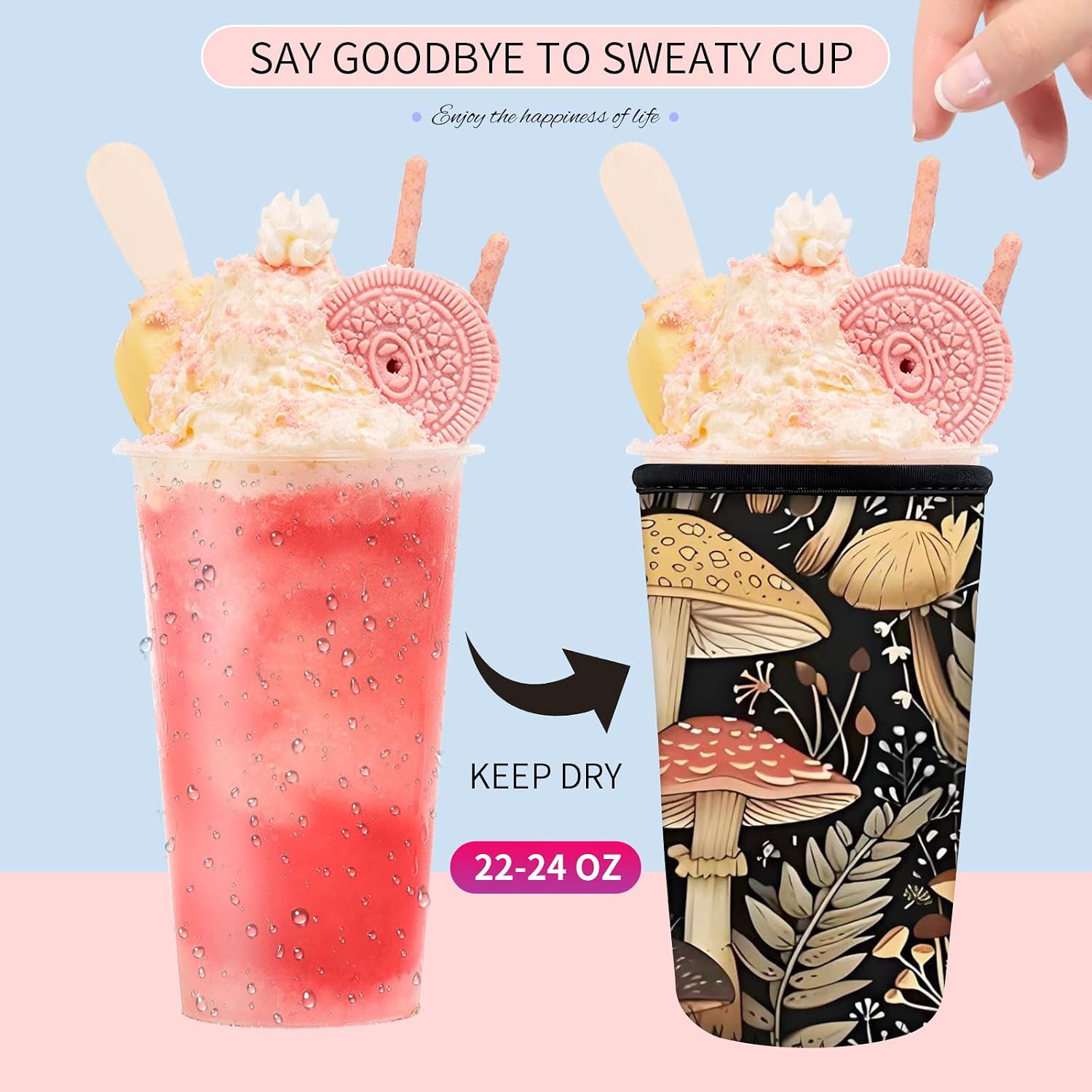 Reusable Neoprene Insulator Sleeve for Iced Coffee Cups, Medium 22-28oz Durable Drink Sleeve for Cold Beverages, Cute Beverage Holder Cup Sleeve for Women Men Cute Mushroom