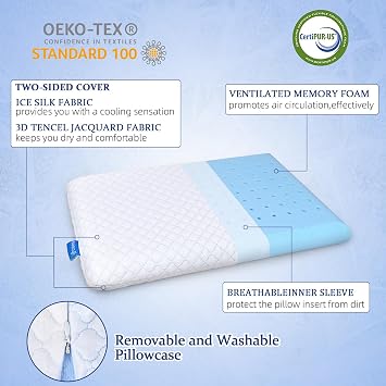 Thin Memory Foam Pillow 2.75 Inch, Low Profile Flat Pillow for Stomach and Back Sleepers, Slim Bed Pillow with Removable Cooling Washable Cover, 60 x 40 CM