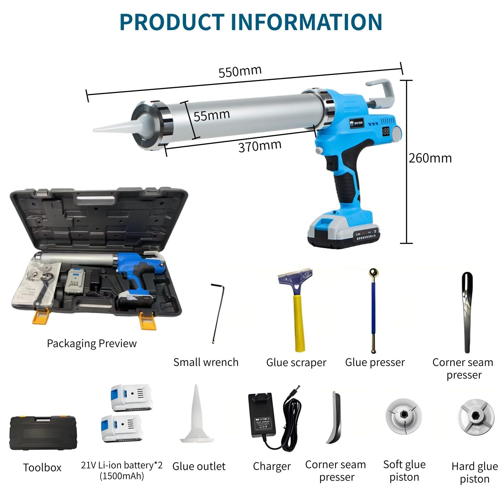 Pistola de Calafatear Inalámbrica 21V, Pistola Eléctrica de Masilla y Adhesivo para Cartuchos de 300-600 ml y Paquetes de Salchicha con Velocidad Ajustable y Anti-Goteo Double