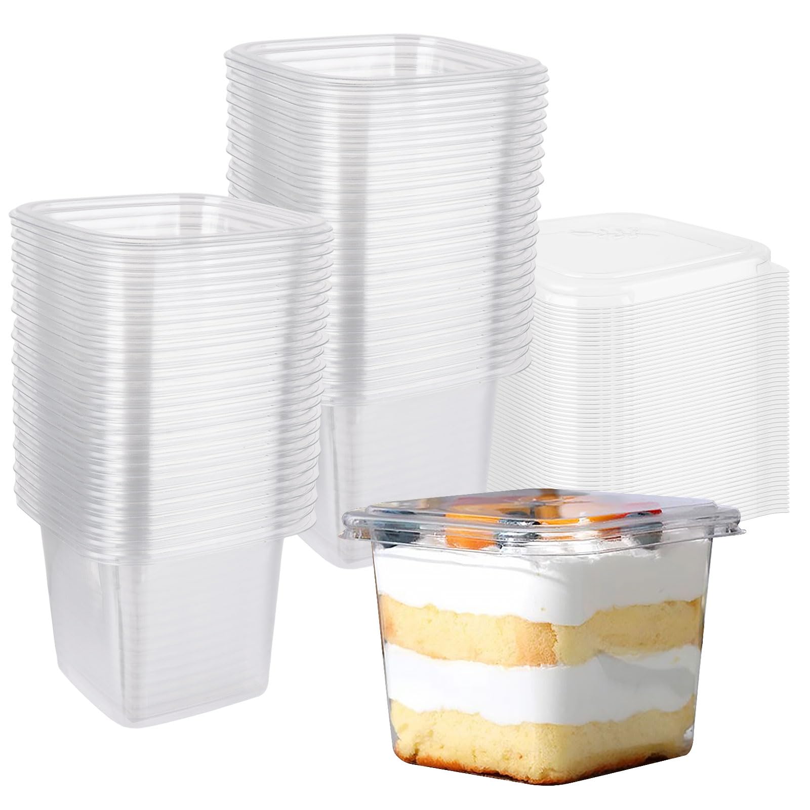 Lot de 100 gobelets à dessert carrés en plastique transparent avec couvercles pour cupcakes, pudding, mousse, crème glacée - 360 ml