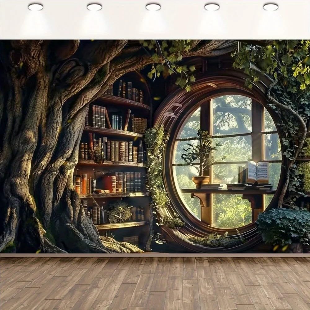 1 sztuka tła bibliotecznego w stylu vintage – magiczny domek z korzeniami drzew z regałami na książki i oknami łukowymi – S 440 x 300 cm