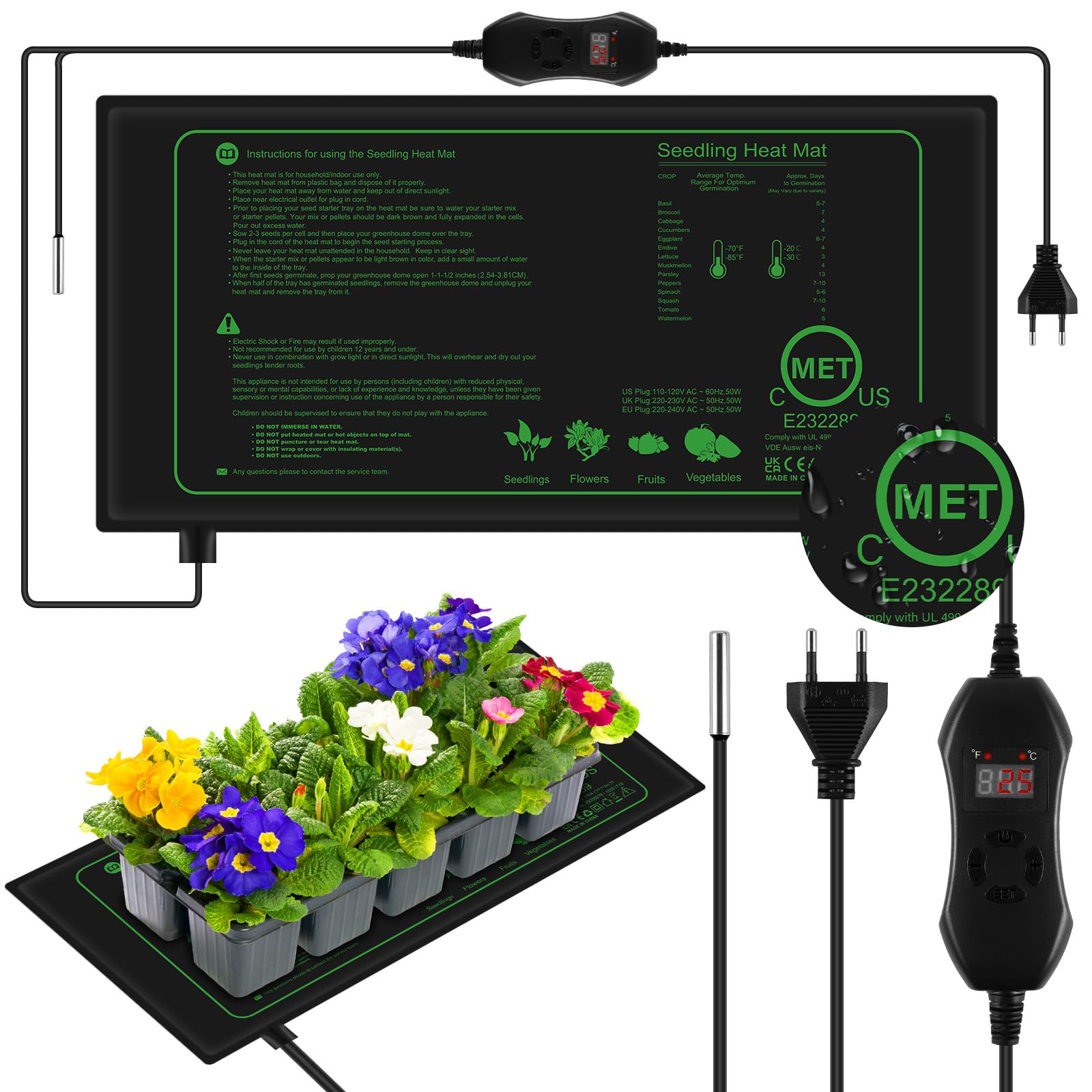 AOOWU Almohadilla Térmica para Plantas, Estera Calefactora Ajustable, Alfombrilla de Calentamiento IPX4 Impermeable, 50W Manta Termica Planta de Invernadero para Germinación de Plántulas, 52.5 x 25 cm