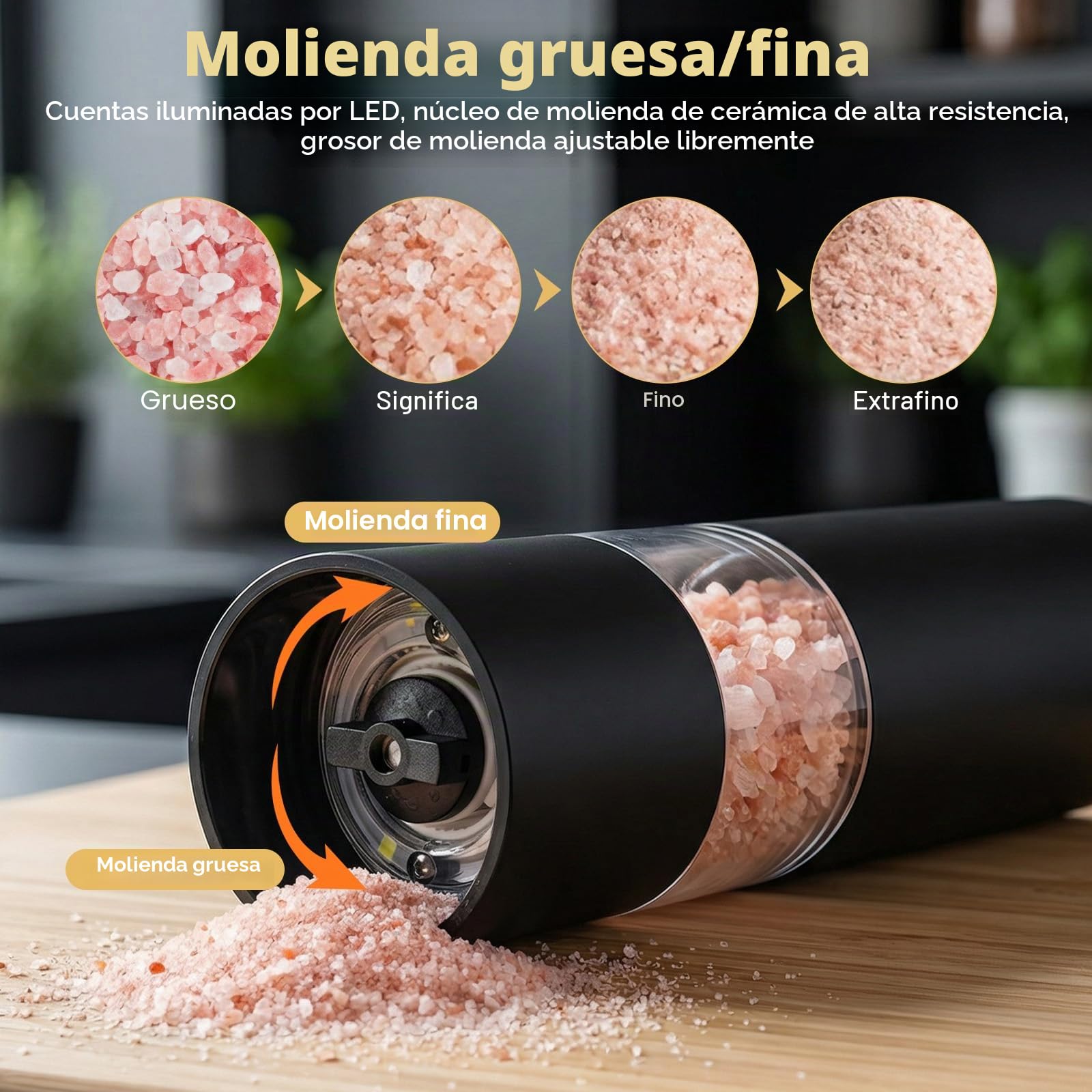 2 Paquetes Pimentero electrico,Molinillo Pimienta electrico,Salt and pepper grinder set,Salero y pimentero,Tosquedad Ajustable,Luz LED,Para Barbacoa,Cocina (Negro)