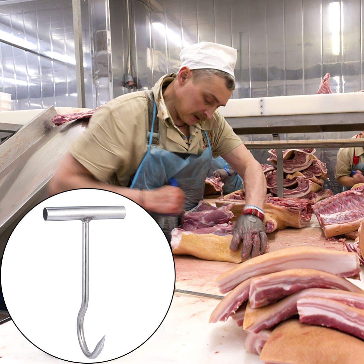 iplusmile Stainless Steel Meat Hook - à viande - de boucher - En acier inoxydable - en T - Avec poignée - réversible pour rôtir - Outil de barbecue - Argenté