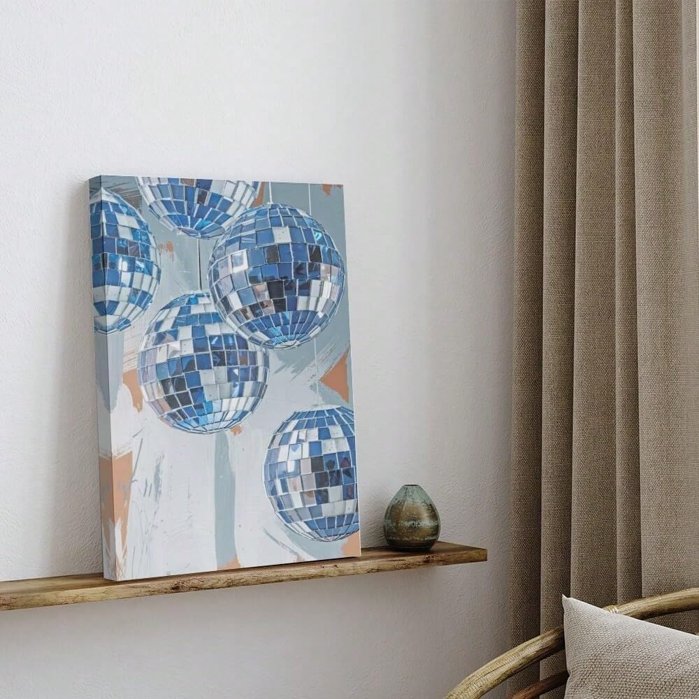 AIHNBF Bola de discoteca azul Lienzo de pared para sala de estar, vibrante pop art decoración de fiesta, imagen moderna de bolas de espejo reflectantes, 50 x 75 cm