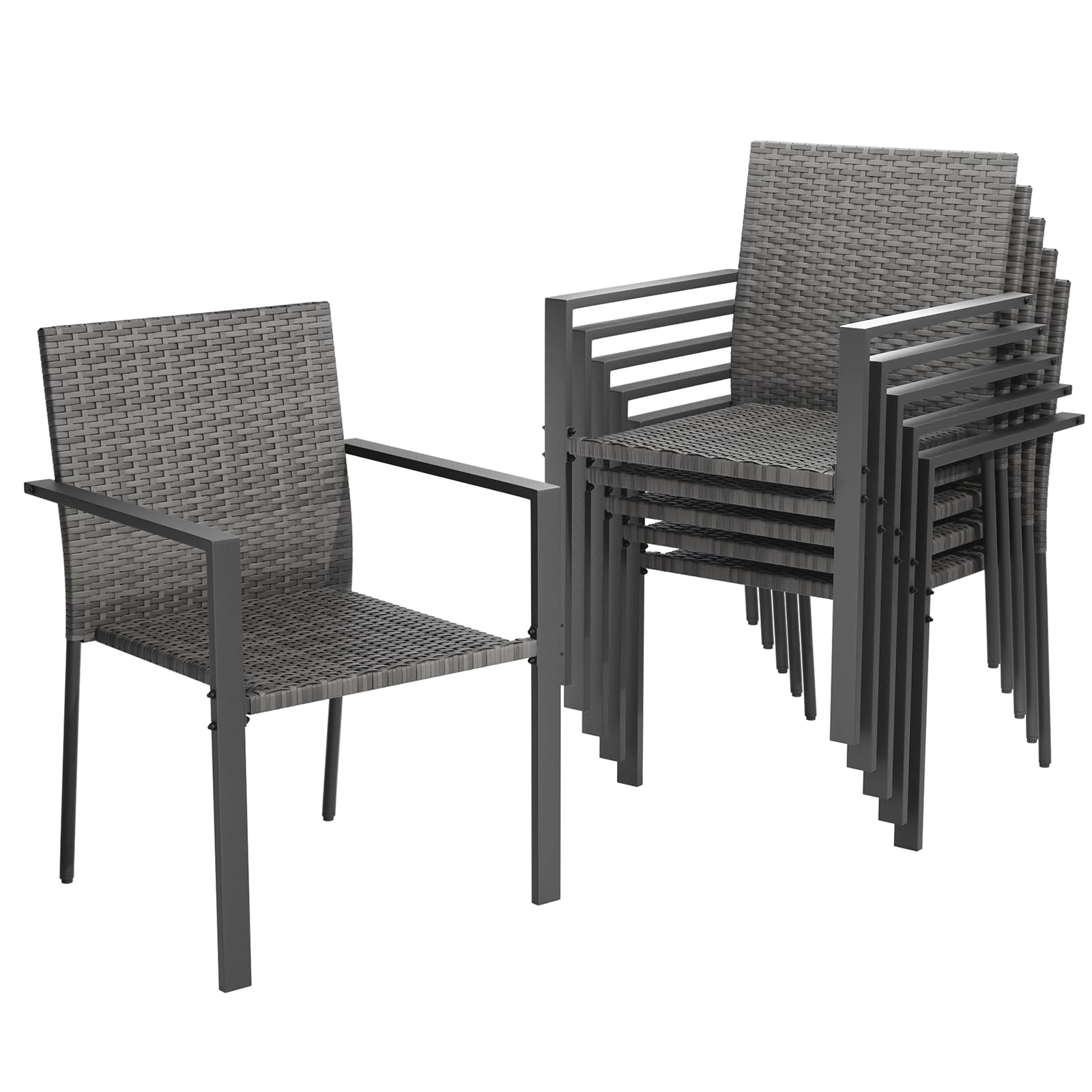 Amopatio Gartenstühle Stapelbar 6er Set, Polyrattan Stapelstuhl Garten mit Armlehnen, Stabiler Stahlrahmen, Wetterfest Rattansessel - Rattan Balkonstühle für Balkon, Terrasse, Grau