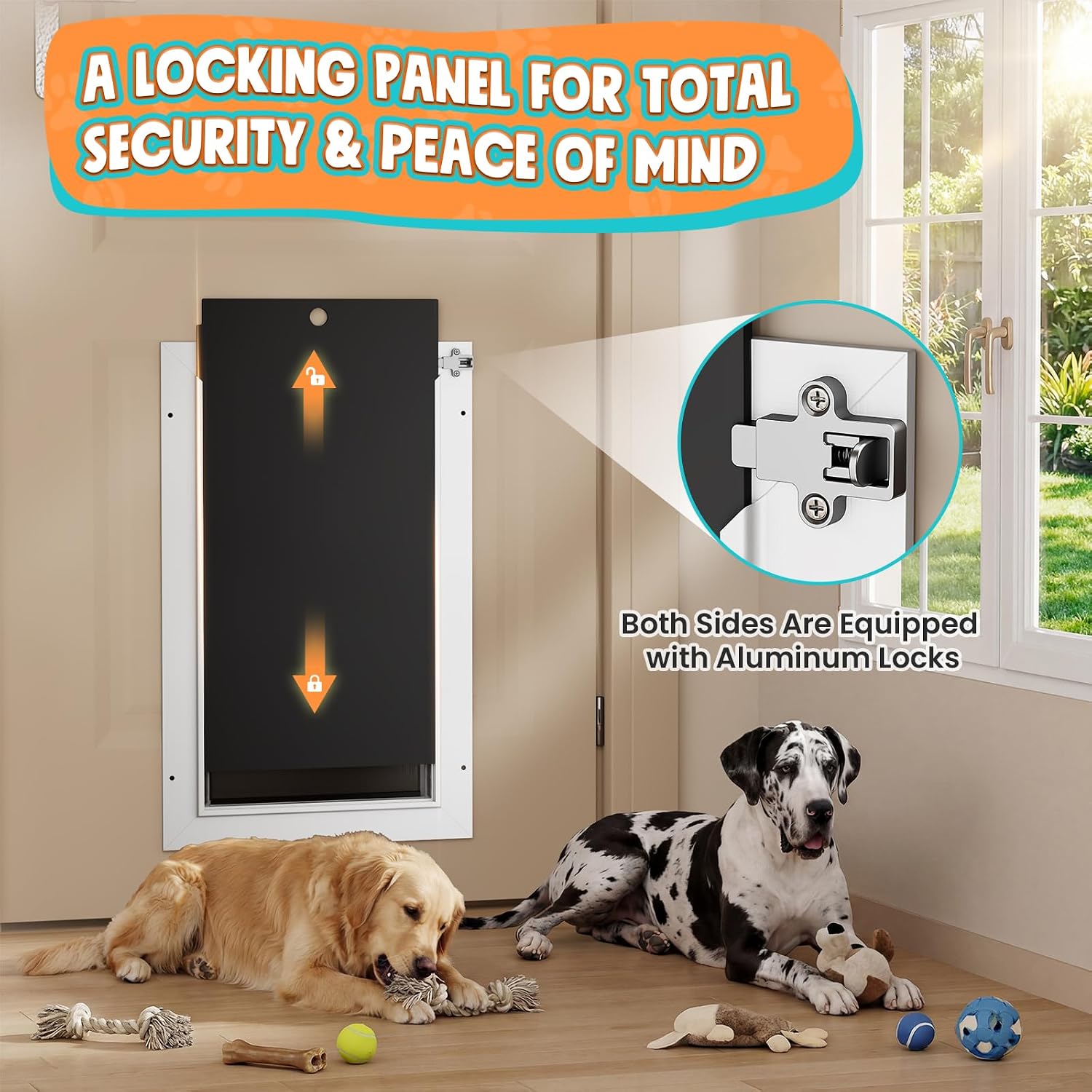 3-Flaps Extreme Weather Dog Door, Aluminum Large Doggy Door for Door, Rust Proof Heavy Duty Pet Door with Insulation Flap, Safety Locks, Sliding Closing Panel, for Pets Up to 110lb, White
