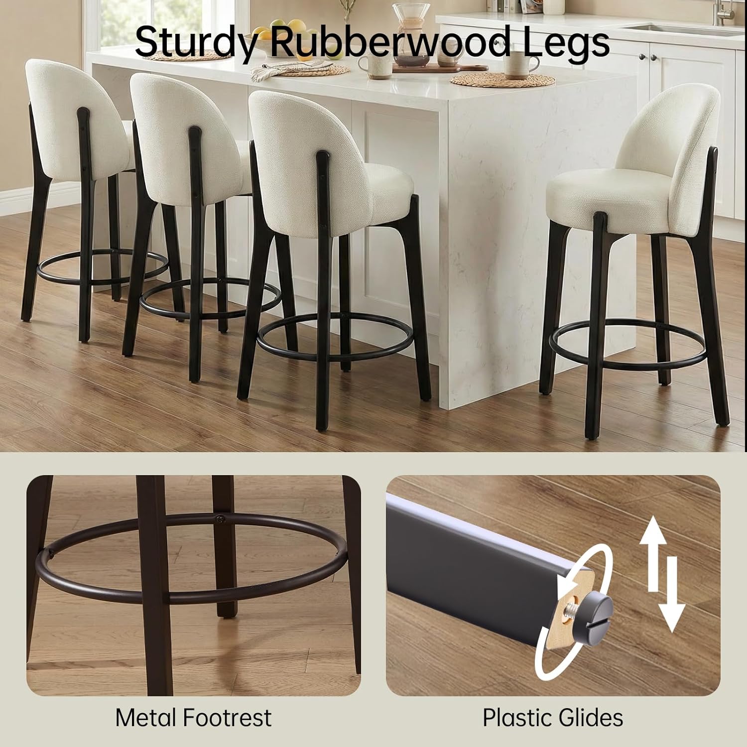 keoni 26'' Counter Height Bar Stools Set of 4, Upholstered Bar Stools with Black Wood Legs and Footrest, Mid Century Modern Counter Stools with Back for Kitchen Island and Bar, Beige