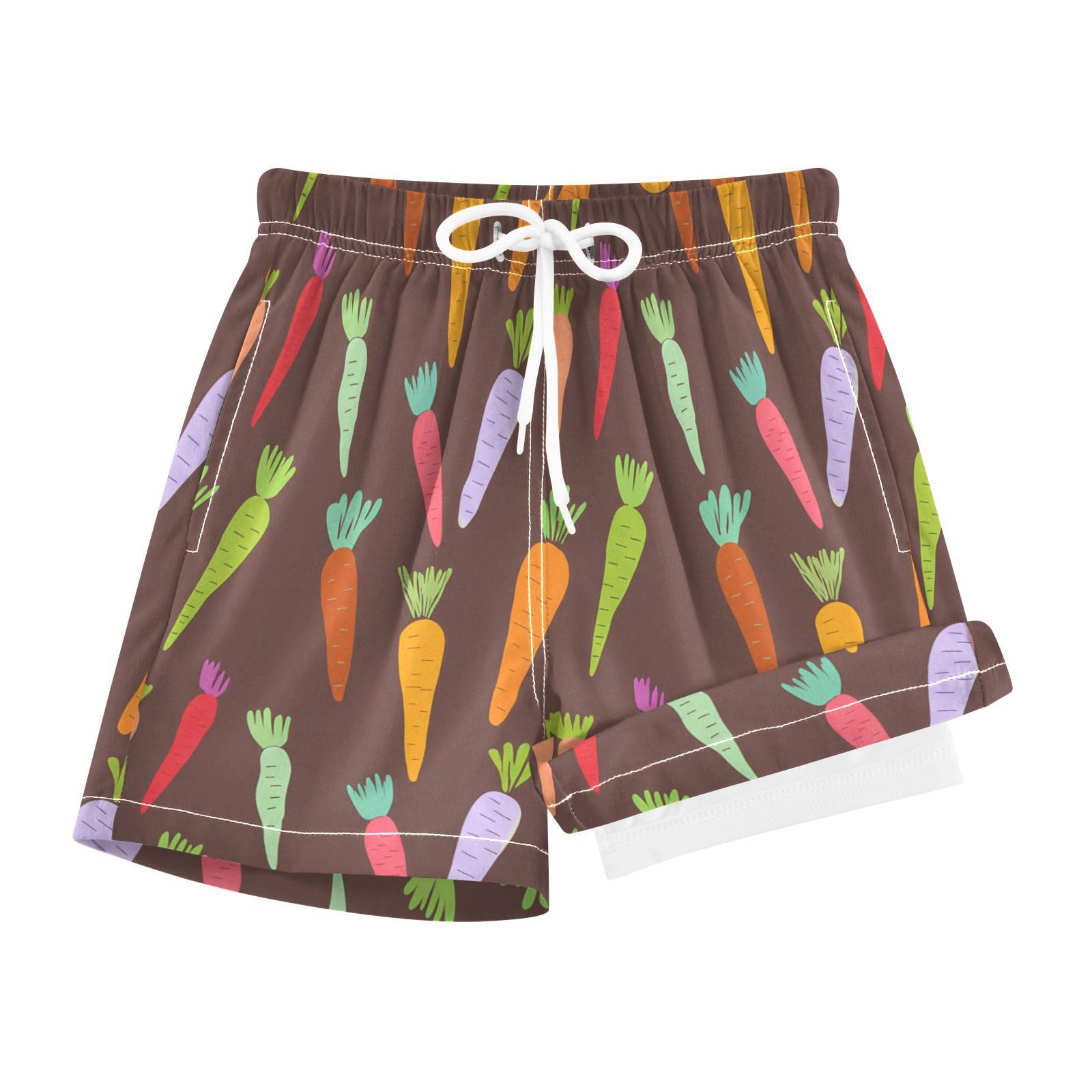 YANENDIE Boy Swim Trunks with Compression Liner Colorful Carrots Brown Boys Swim Shorts Quick Dry Beach Shorts