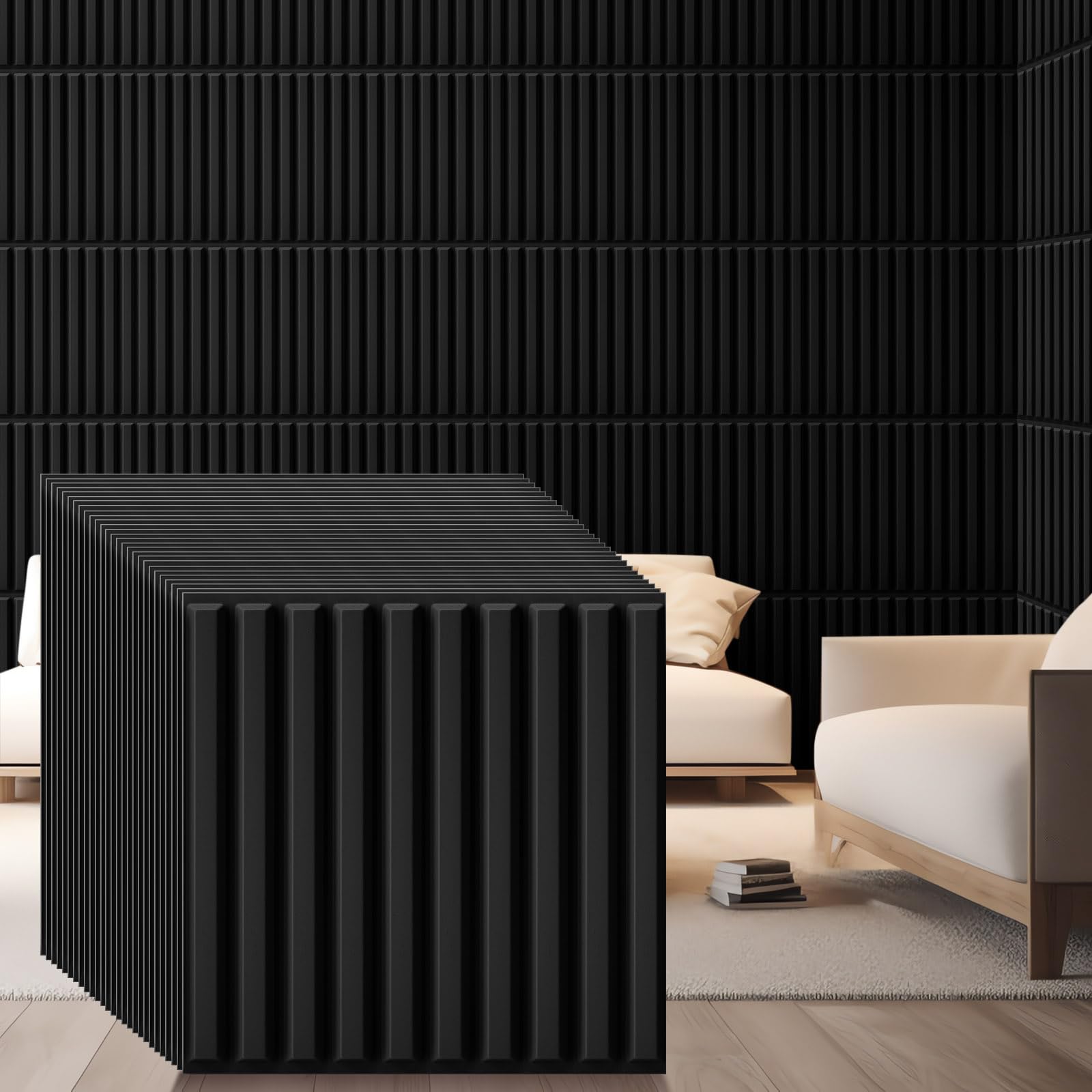 Nuanchu 60 Pcs 3D Wall Panels, 12'x12' PVC Fluted Tiles, Black