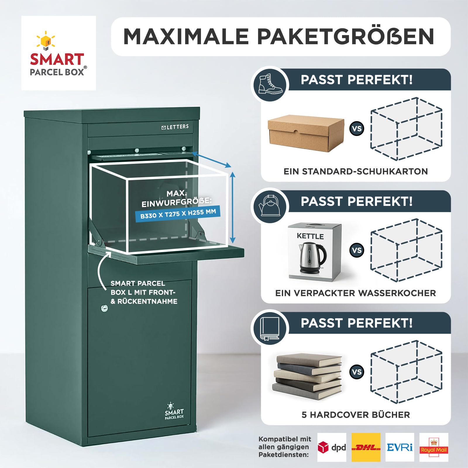 Smart Parcel Box Paketbox L - Briefkasten mit Paketfach wetterfest, grün | Paketbriefkasten, Paketbox draußen, Entnahme hinten & vorne, Standbriefkasten, rostfrei, verzinkter Stahl, pulverbeschichtet