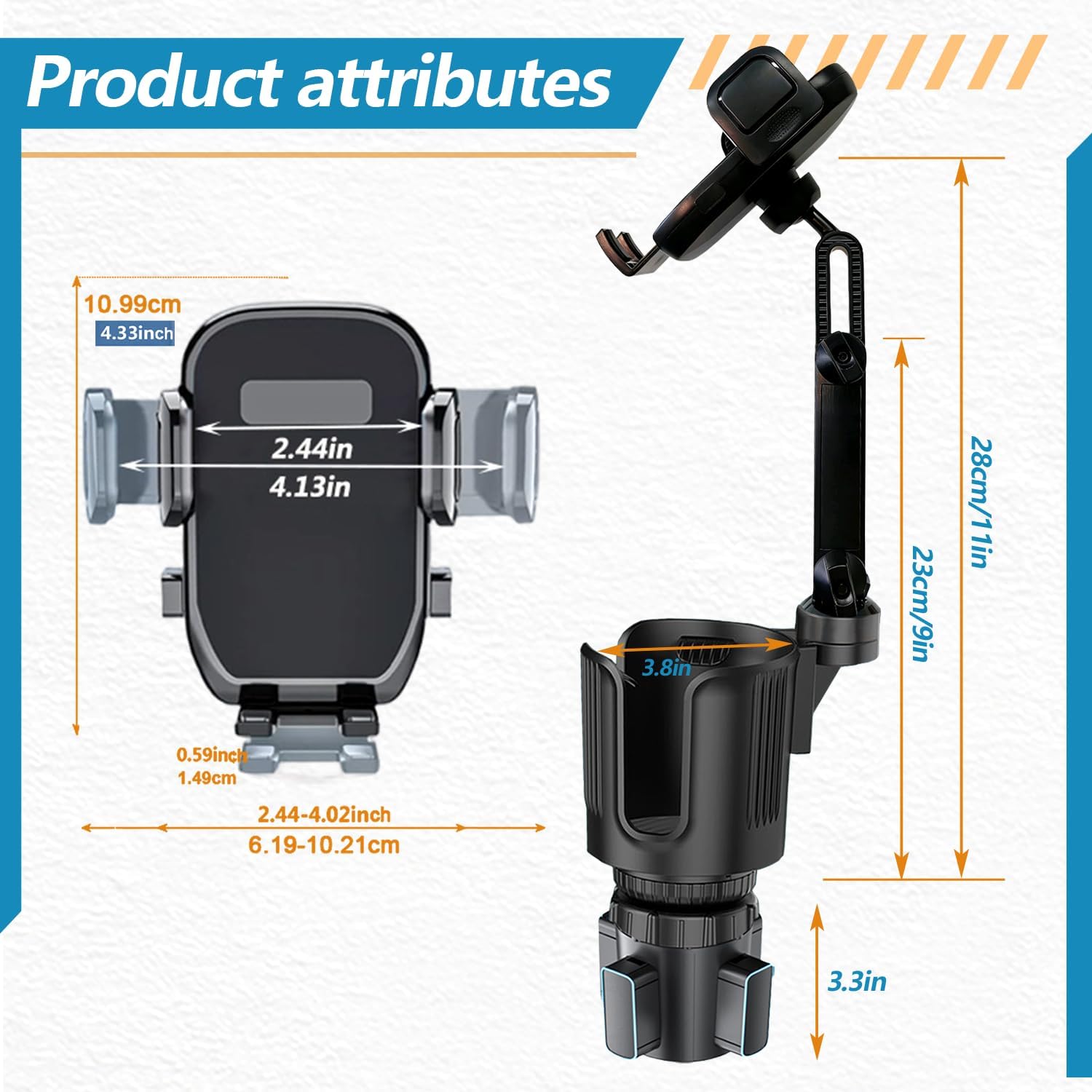 2 in 1 Phone Holders for Your Car, 360°Rotation Car Phone Holder Phone Mount for Car with Expandable Base Car Cup Holder Phone Holder Phone Mount Extendable Long Arm for All Smartphone