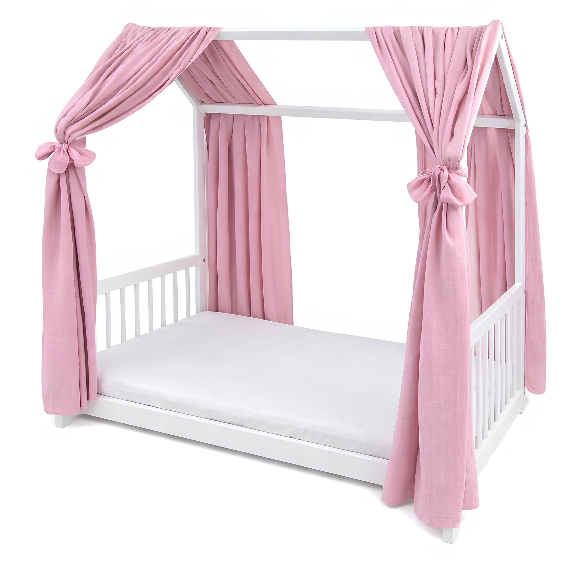 Generisch Baby Delux Musselin Betthimmel für Hausbett Dach 2-teilig 160x300 cm 2 Stück 100% Baumwolle für Kinderbett Babybett Hausbett mit Schleife Deko für Mädchen und Jungen (Blush)