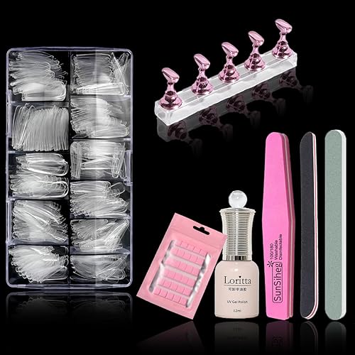 Kit de uñas de gel x juego de acrílico para extensión de uñas, uñas postizas con pegamento, incluye 500 puntas de uñas transparentes de ataúd de