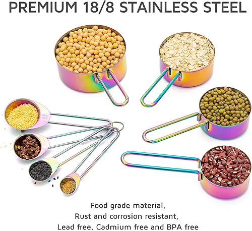 Miniatura 3 de WELLSTAR Juego de 8 tazas y cucharas medidoras de acero inoxidable 18/8 de grado alimenticio para medición de líquidos secos, accesorios de cocina