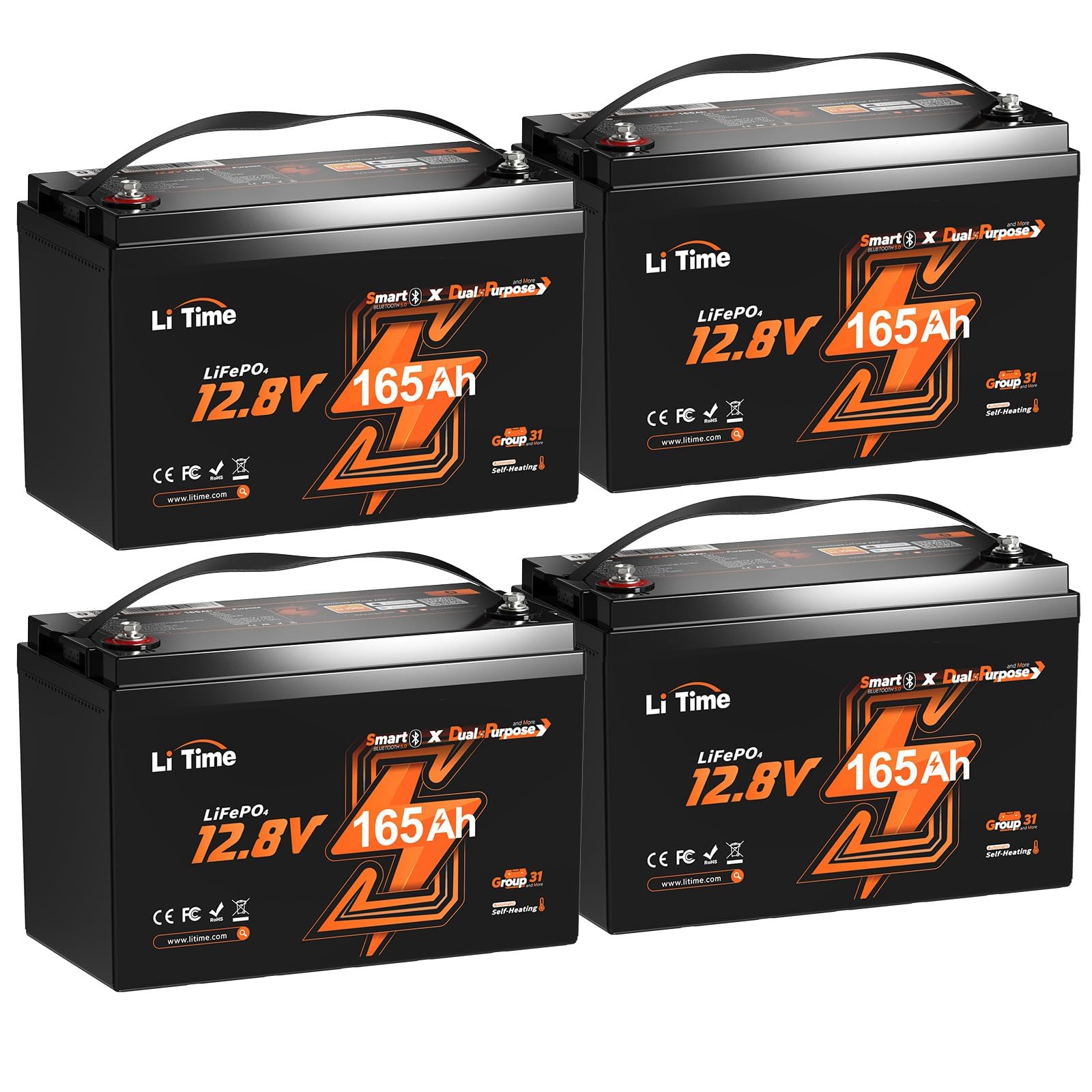 LiTime 4 Pcs Batterie Lithium 12V 165Ah LiFePO4 avec Démarrage pour Bateaux