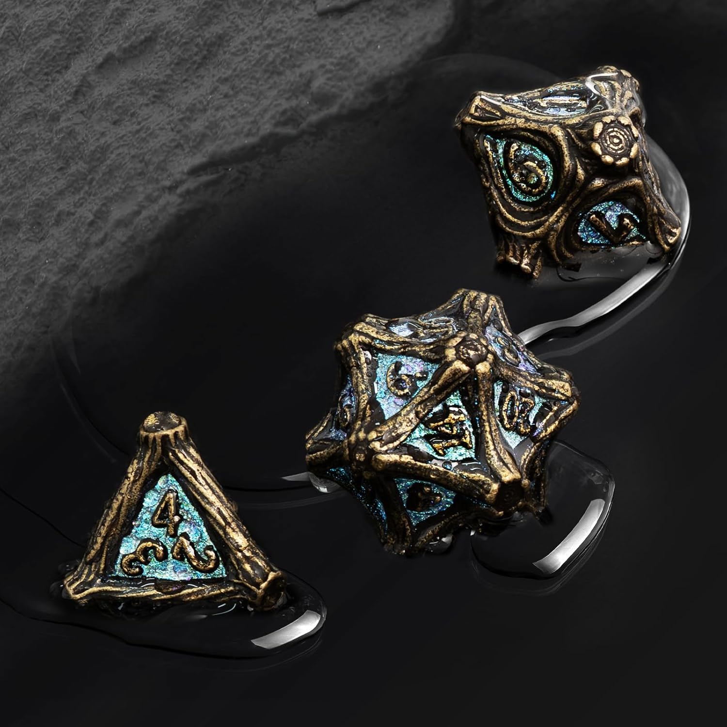 DND Tree Root Metal Dice Set Nature Vines Dice Set with Box, 7pcs Dungeons and Dragons Edged Polyhedral Dice for D&D RPG Role Playing Gaming Games (Bronze)