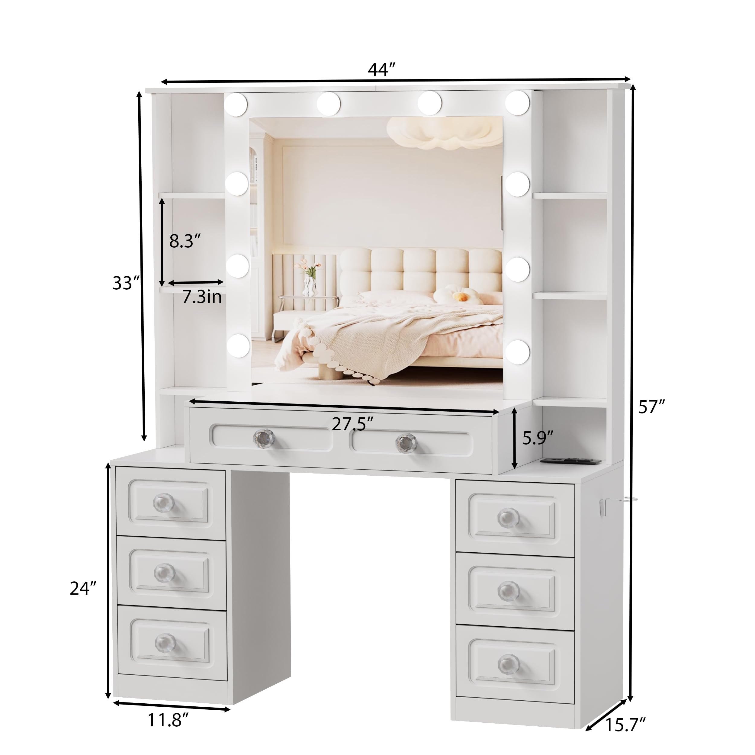 FURNJOYLIFE Farmhouse Makeup Vanity with Lighted Mirror & Charging Station, Vanity Desk Dresser Table with 3 Lighting Modes Brightness Adjustable,Drawers,Hair Dryer Stand for Bedroom,White(No Stool)