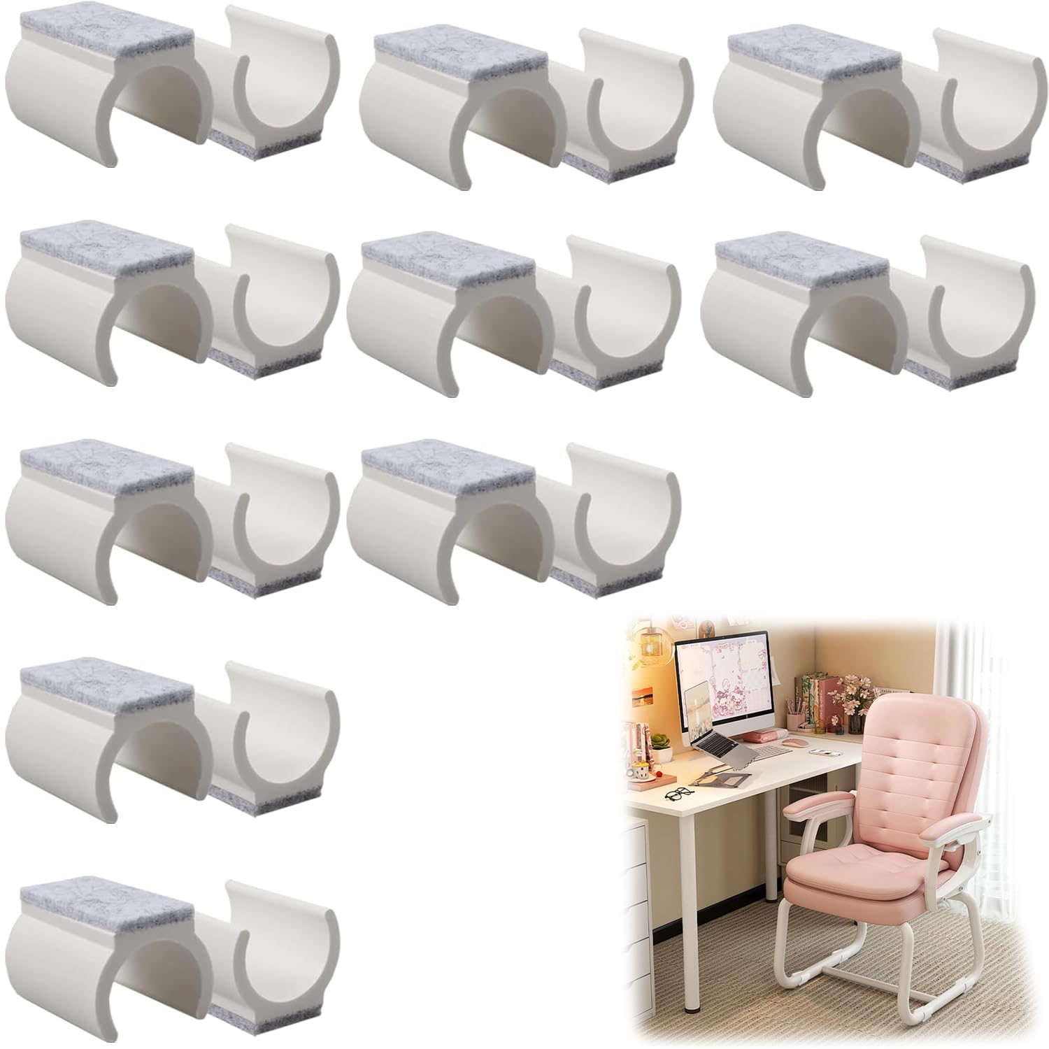 Srvauyea 20Pcs Chair Pads,25mm Plastic Chair Leg,Floor Protectors with Felt Pads,Anti-Scratch U-Shaped Chair Cushion,Chair Accessories,Protectors Non-Slip Rectangle Tubular Legs Caps.