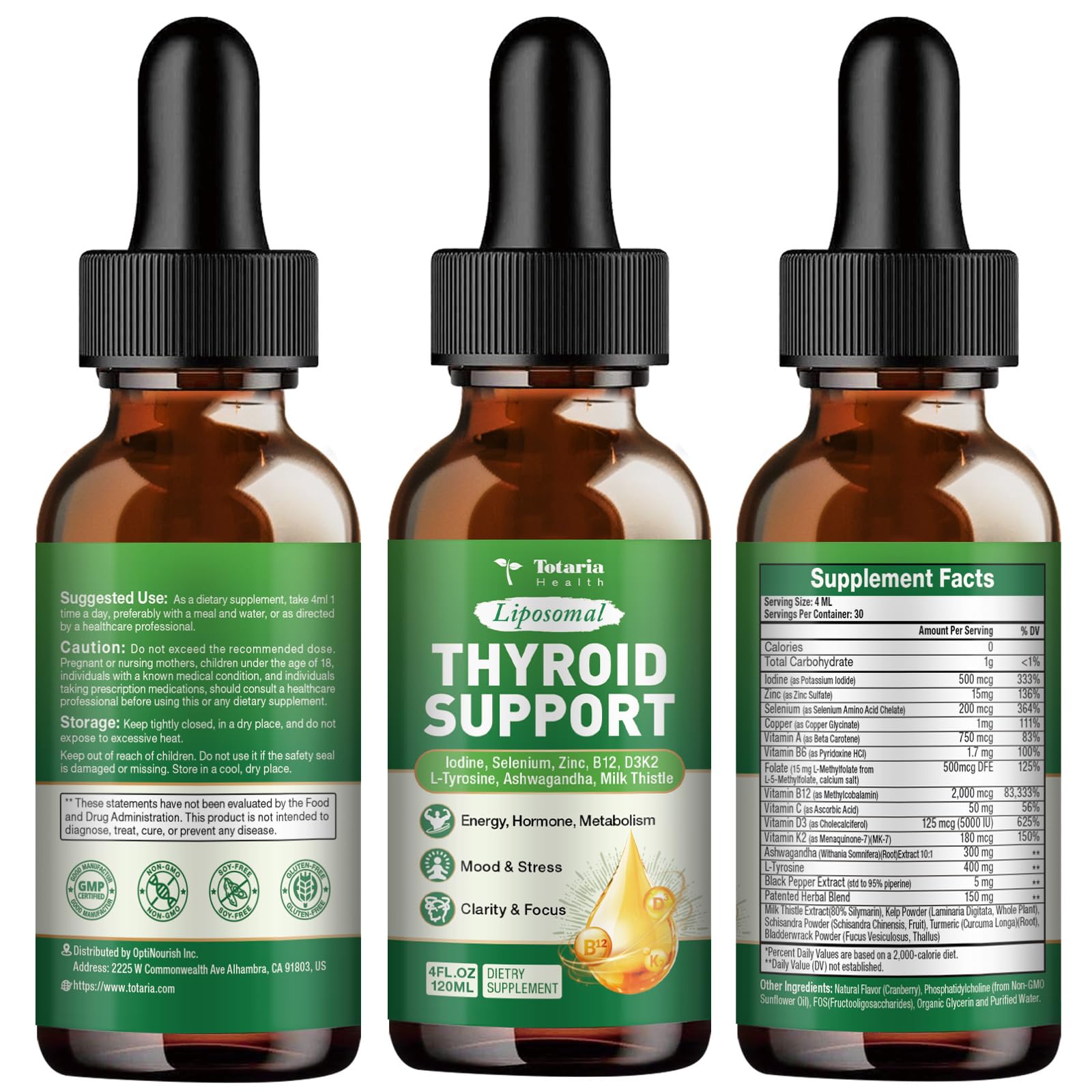 Totaria Thyroid Support for Women & Men, Selenium, Iodine, Zinc, L-Tyrosine, Ashwagandha, B12, Milk Thistle, Kelp, Bladderwrack, Energy, Metabolism, Hormone & Mood, 4 Fl.Oz — Amazon image 10