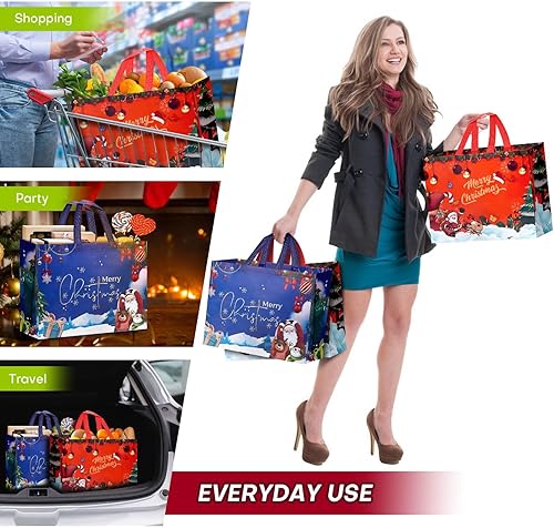 Miniatura 9 de Fayayuan Paquete de 8 bolsas de regalo de Navidad extra grandes, bolsas reutilizables de Navidad con asa, bolsas de Navidad no tejidas para envolver