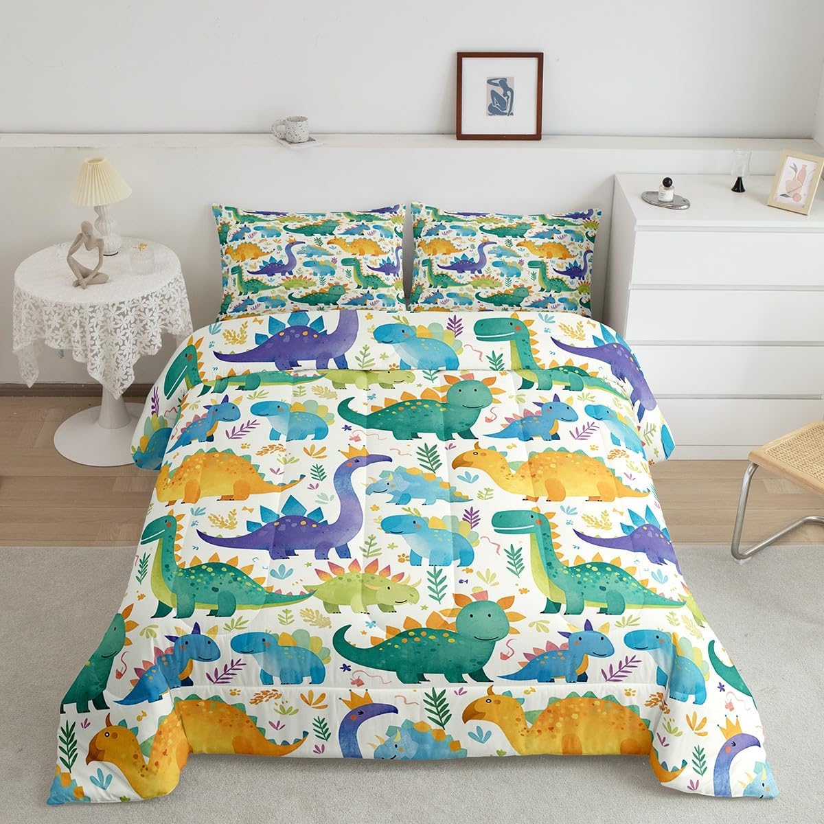 Feelyou Kids Queen Size Green Dino Comforter Set Jungle Dino Bedding Set Cartoon Dino Comforter for Kids Boys Girls Wild Animal Duvet Insert Adult Bedroom Decor Bed Set 3Pcs