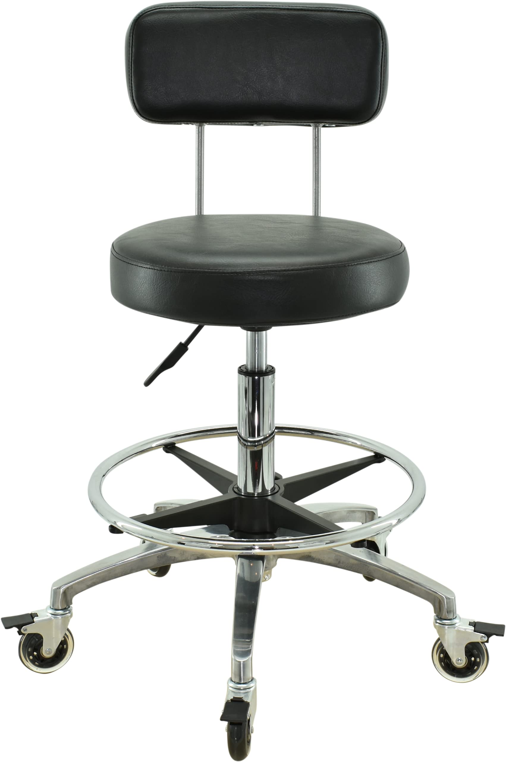Rollhocker mit Lehne und Fußring - Premium Rollen mit Bremse - Höhenverstellbarer von 55-75 cm - Drehhocker Arbeitshocker Praxishocker