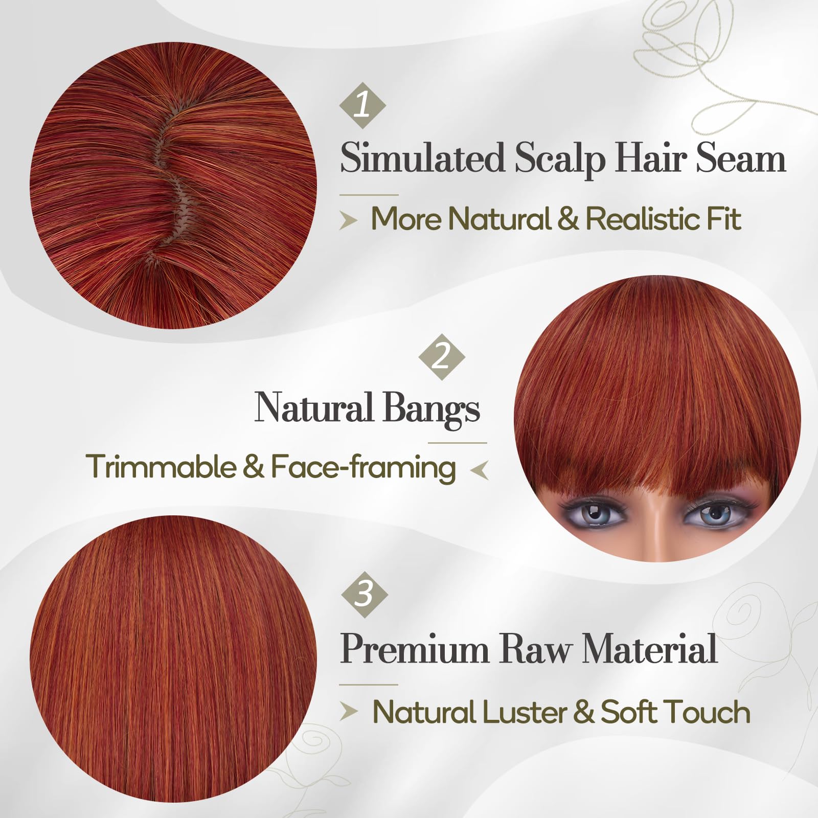 BARSDAR Courte Cuivré Bob Perruque avec Franges, Courte Bob Auburn Perruque avec Franges pour Femmes 30cm Chic Longueur Synthétiques Perruques D'aspect Naturel Fêtes Halloween Bobs Perruques