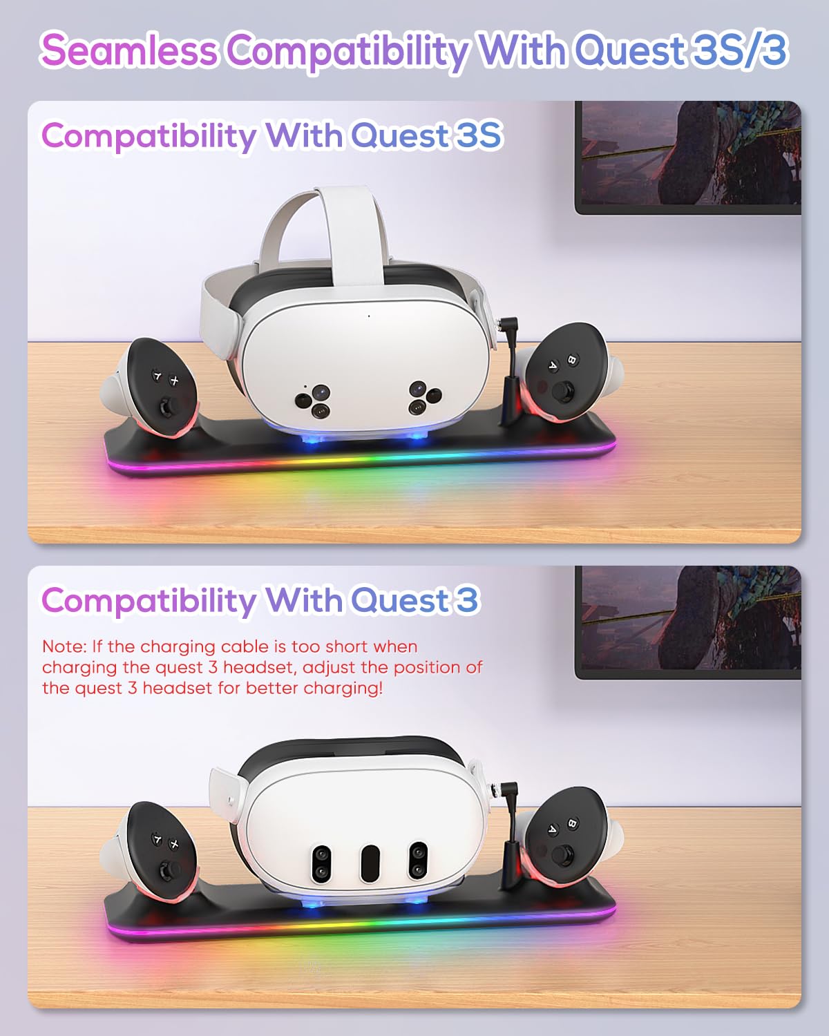 Stazione di ricarica per Meta Quest 3S/3 Kinwin Base di ricarica magnetica per accessori Oculus Quest 3S/3 con luce RGB, supporto di ricarica per auricolare VR e controller con 2 batterie ricaricabili