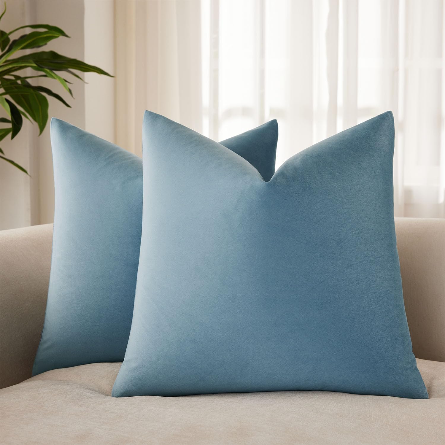 JUSPURBET Decorative Velvet Throw Pillow Covers 18x18 Set of 2,Light Blue