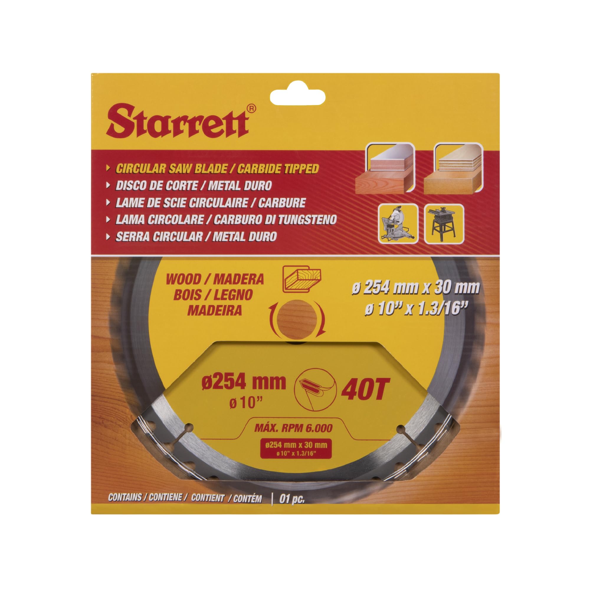 Starrett Lame de scie circulaire TCT 254 mm pour bois, 40 dents, alésage 16/19/25/30 mm