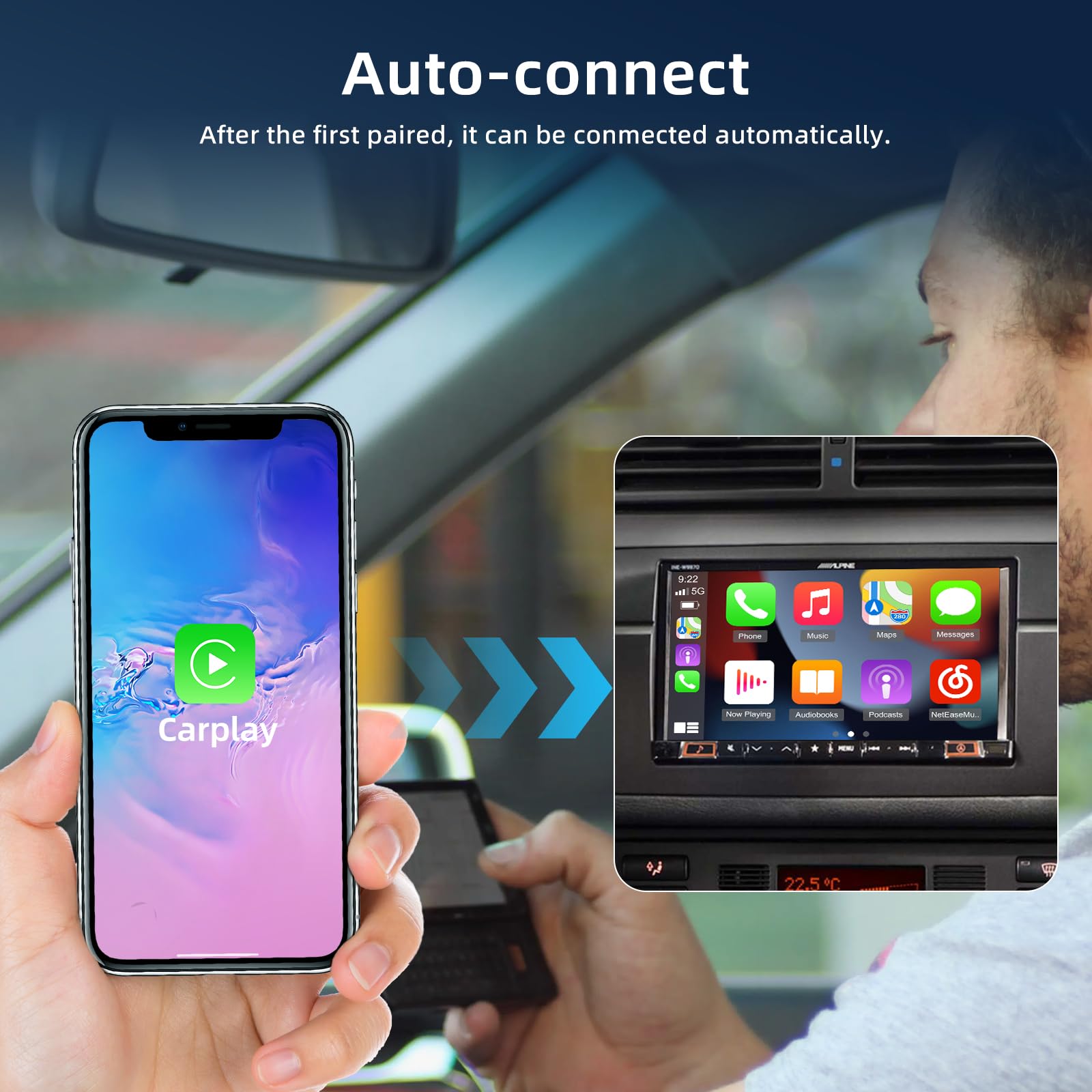 Carplay per IOS - Wireless Carplay Adapter per il Controllo Senza Fili Della Connessione Automatica a 5GHz - Dongle Carplay da Cablato Plug - Pre-Check Compatibility| iOS 12+/Android 11