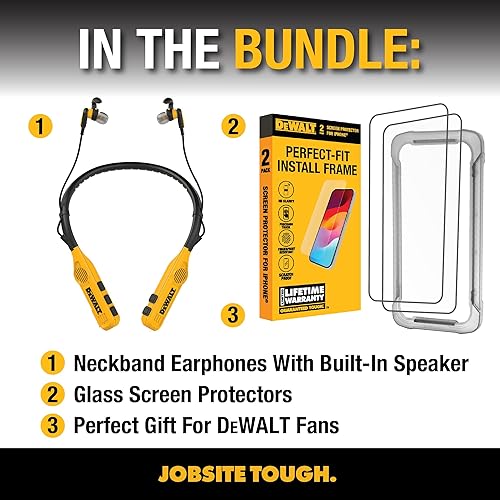 Miniatura 2 de DEWALT Auriculares Bluetooth 2 en 1 con banda para el cuello con altavoces incorporados, protector de pantalla de vidrio para iPhone 13/13 Pro/14
