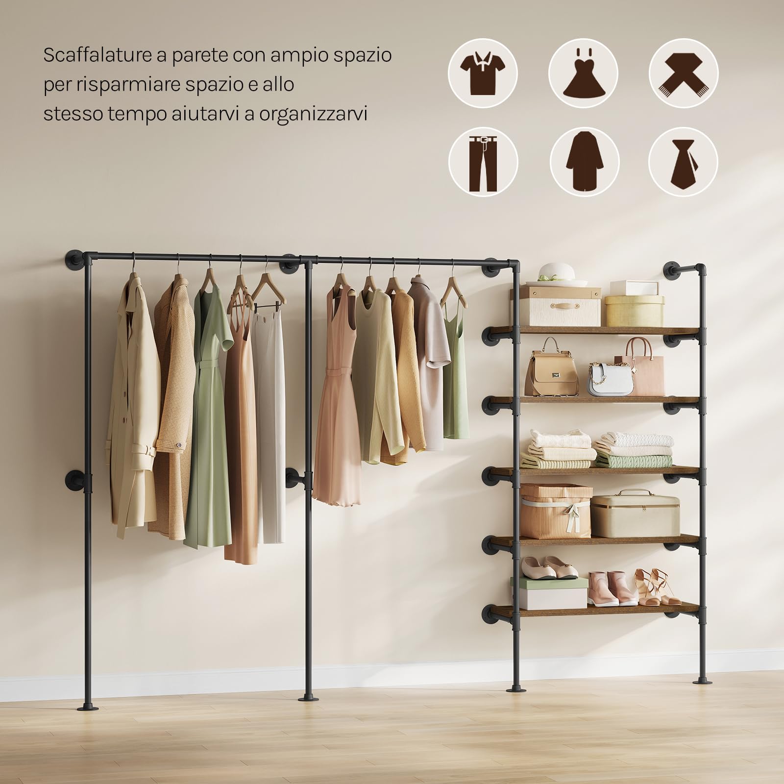 WOLTU Appendiabiti da Parete, Attaccapanni da Muro Metallico con Design Aperto, Appendiabiti con 5 Ripiani in Legno, 2 Aste, Stile Vintage, Nero + Marrone Rustico