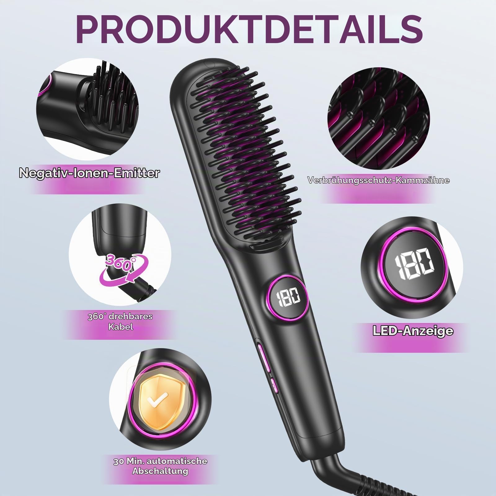 Glättbürste Keramik, Professioneller Glätteisen & Haarbürste, Haarglätter Bürste 9 Temperaturen, Ionen Haarglätterbürste, Schnelles Aufheizen, 140-220℃, LCD-Display, Anti-Verbrühungs