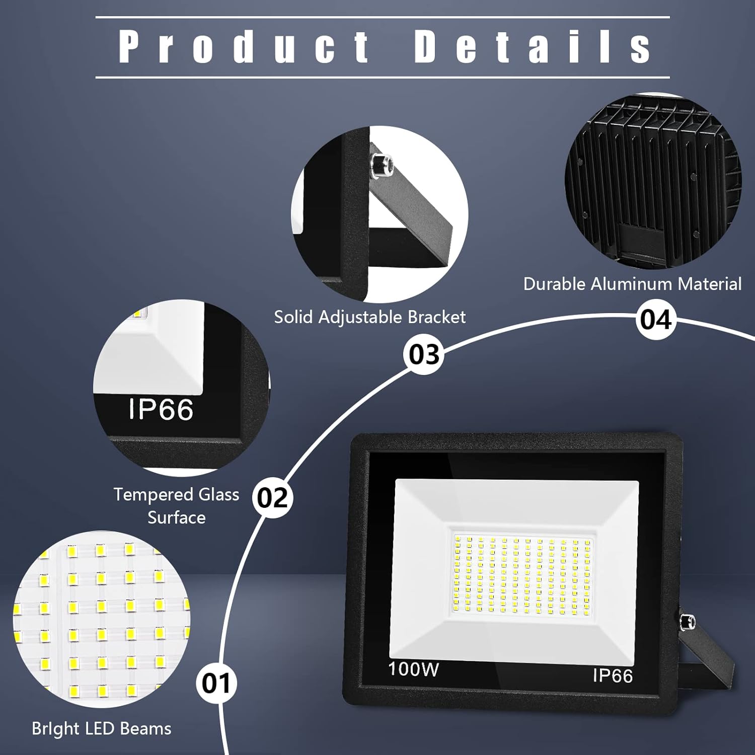 2 Pack 100W Led Flood Light Outdoor,10000LM Super Bright Outside Work Light with Plug,IP66 Waterproof Security Lights,5000K Daylight White Floodlights Outdoor for Garden Yard Playground Court