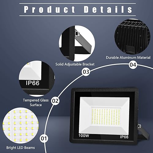 Miniatura 4 de Paquete de 2 focos LED de 100 W para exteriores, luz de trabajo exterior súper brillante de 10000 lm con enchufe, luces de seguridad impermeables