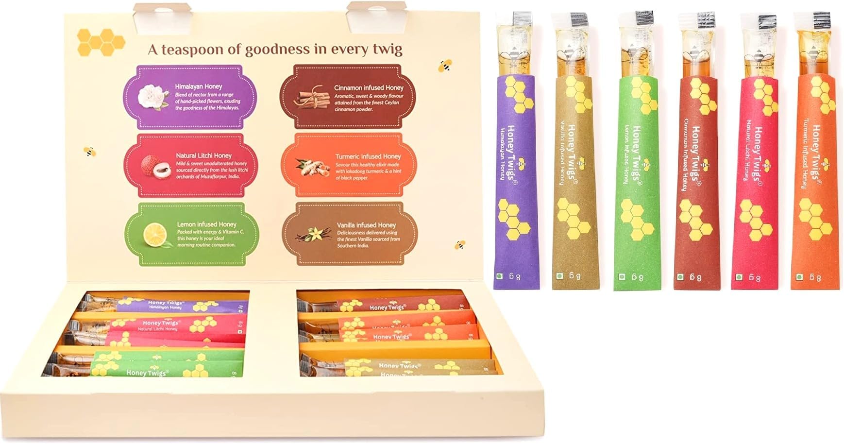 Gift pack : Assorted flavours | Cinnamon, Vanilla, Lemon, Turmeric, Litchi, Himalayan honey - 36 Count x 8 g (6 Honey sticks per flavour) = 288 g | On the Go, Mess-Free