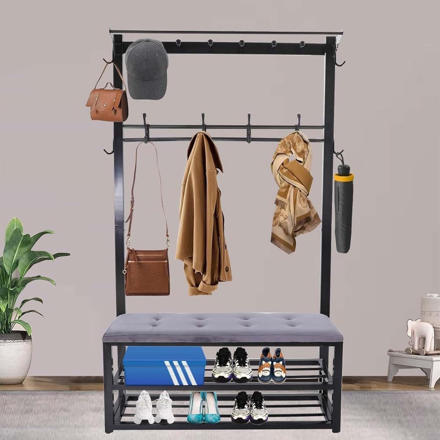 3-in-1 Entryway Hall Tree Hall Tree Coat Rack Free Standing Hall Tree with 9 Hooks Multifunctional Shoe Stool with Shoe Bench and Hutch Bench for Hallway Entryway Bedroom Metal Frame