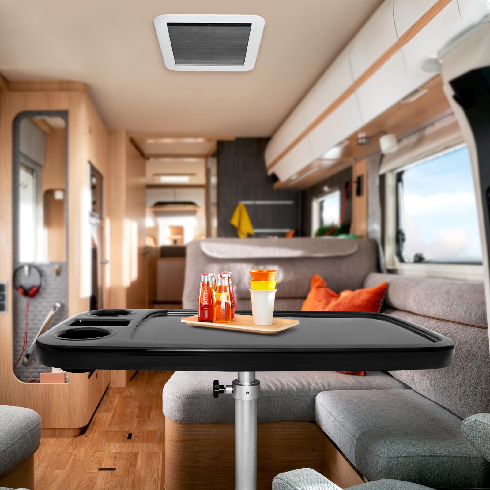 Tavolo da barca per barca, pontone marino camper, 86 x 45 cm, rettangolare, rimovibile, grande piano con portabicchieri incorporati, supporto per telefono in ABS impermeabile (nero)