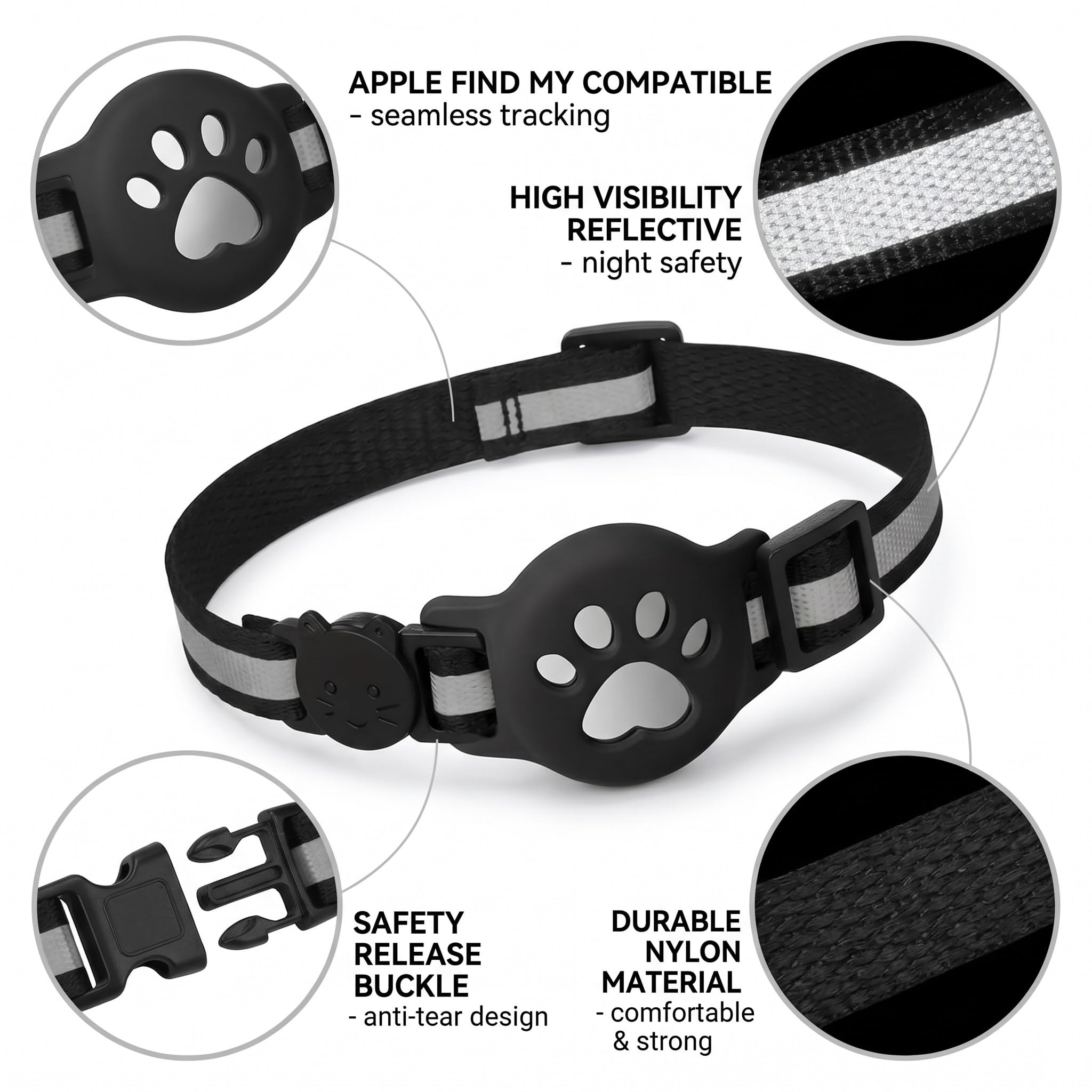 collar con GPS para gatos, resistente al agua y duradero, con elementos reflectantes para la noche, que te ayuda a localizar a tu mascota (color negro)