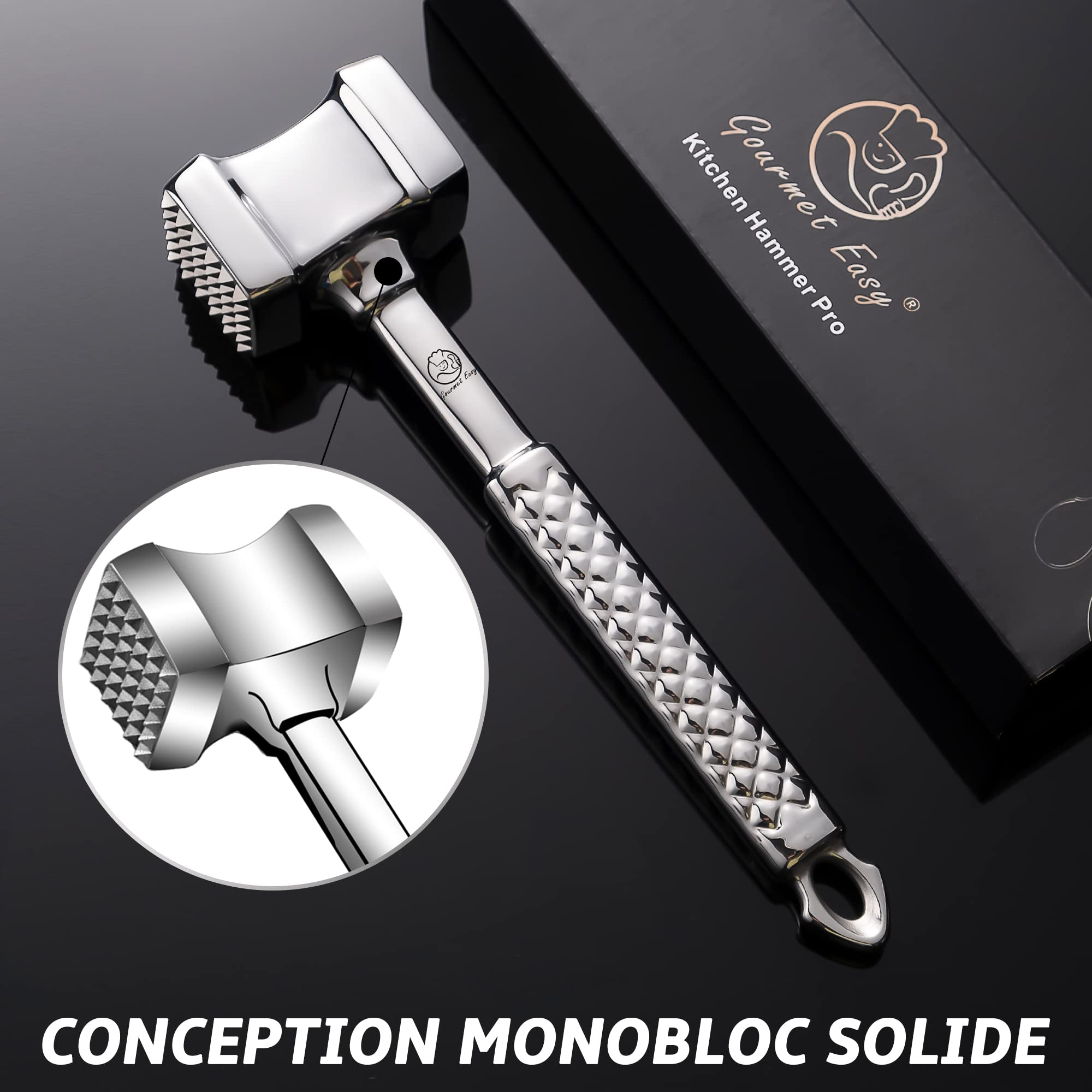 Attendrisseur de viande en inox - Marteau à viande double face professionnel - Gourmet Easy