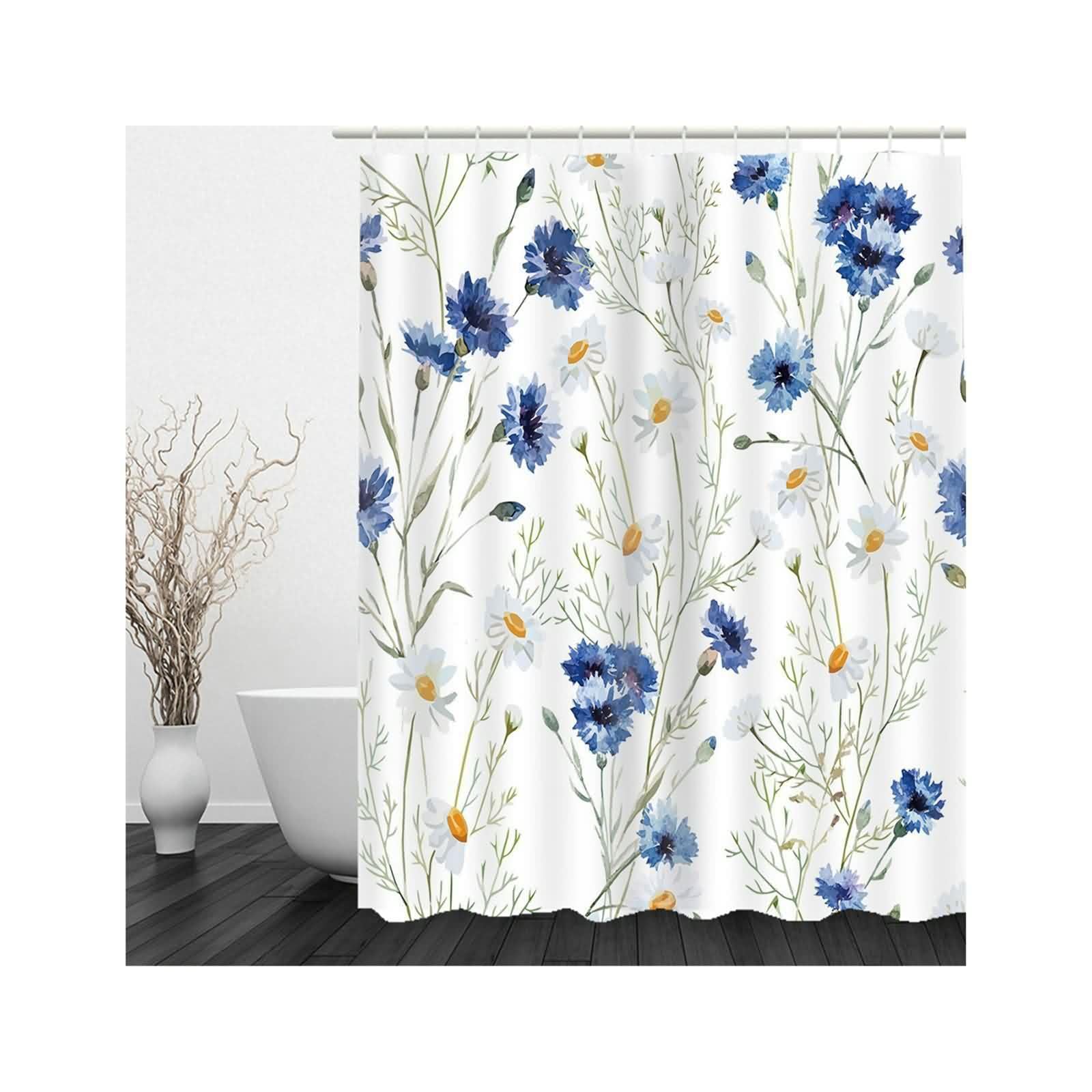 Rideau de douche bleu blanc imperméable lavable en polyester avec anneaux
