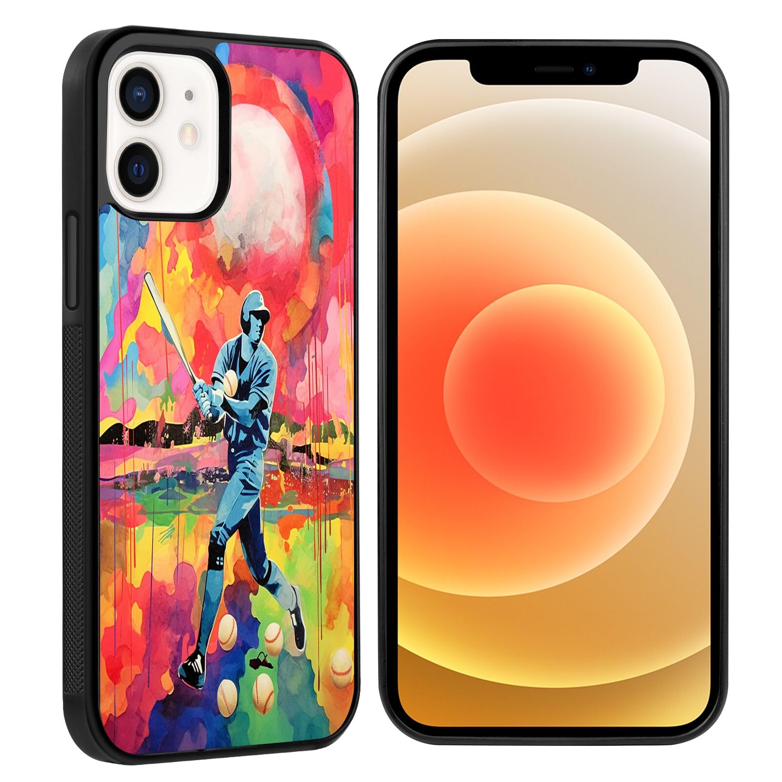 DeweiDirect Phone Case for iPhone 12 Mini with Baseball Design Art046 Black Slim Rubber Frame Full Body Protection Cover Case for iPhone 12 Mini Drop Protection