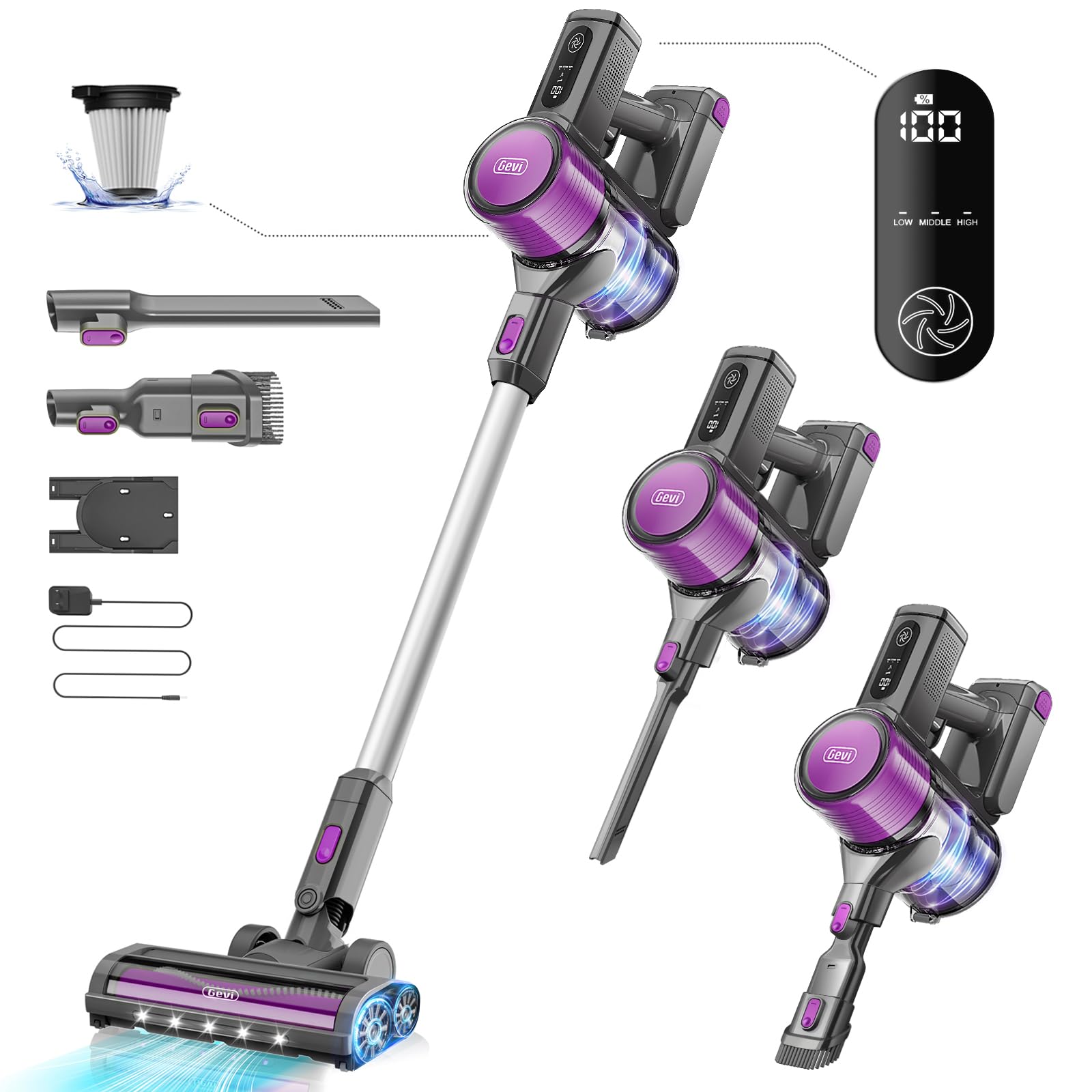 GeviCordless Vacuum Cleaner for Home, Stick Vacuum with Hy-HEPA, Ultra Long Battery Life, Powerful Sunction, Deap Clean for Hardwood Floor, Carpet & Pet Hair (Purple)