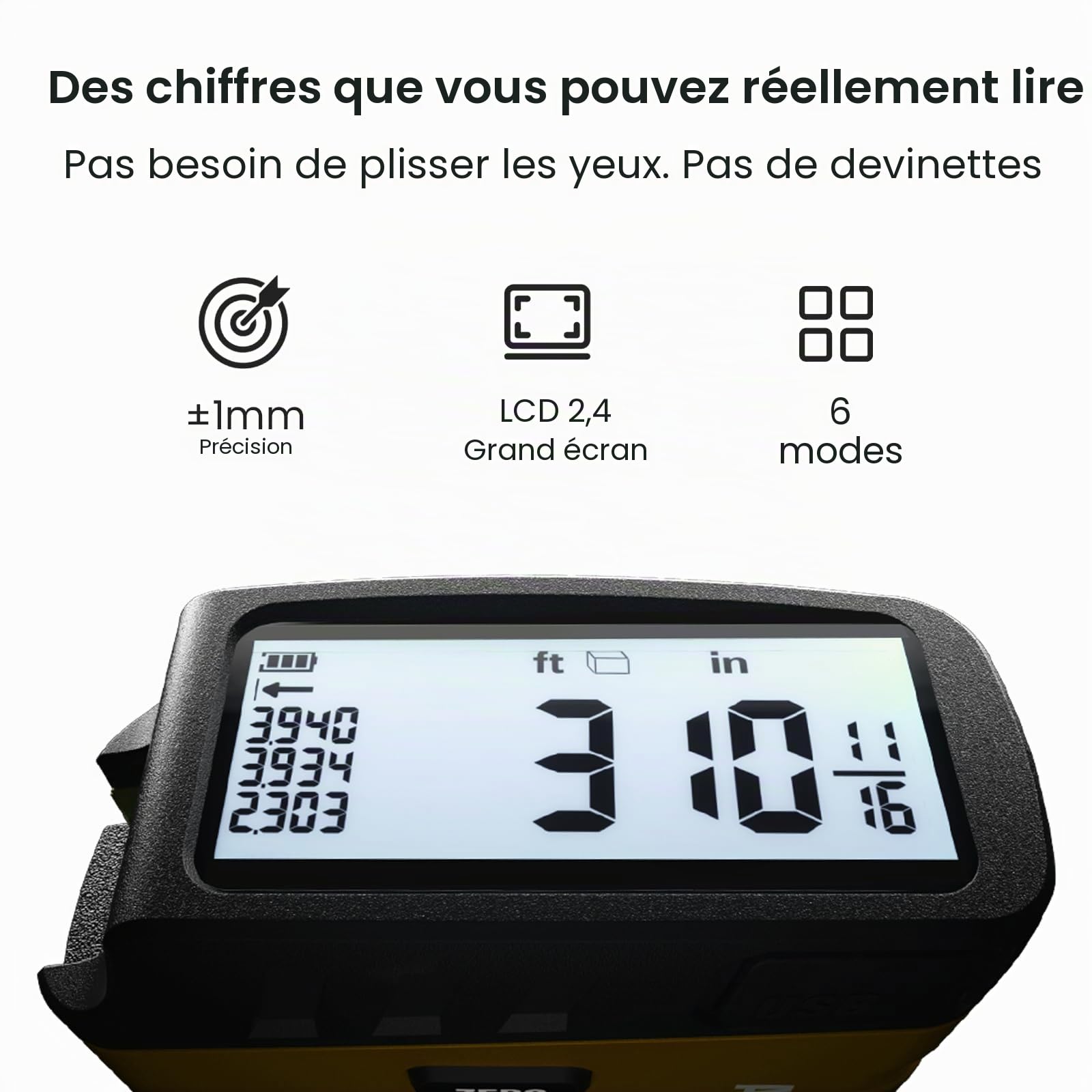 ACPOTEL Mètre Ruban Numérique 4,88 m, 6 unités métriques＆impériales, lecture facile, rétractable, avec fractions au 1/16, rechargeable, pour Distance/Surface/Volume, Jaune