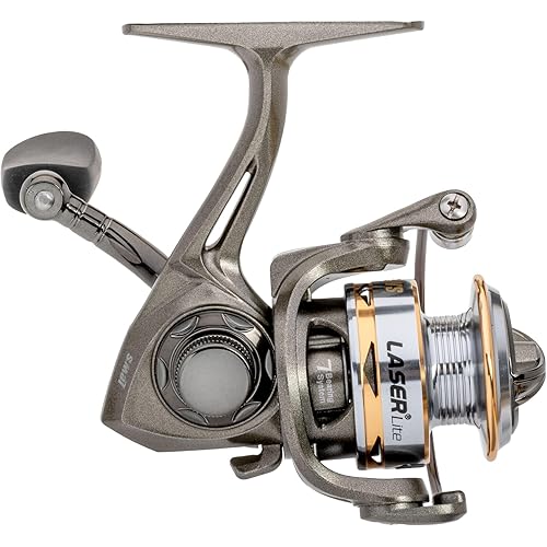 Lew’s Laser Lite Spinning Fishing Reel, 6+1 Bearings, Graphite Frame and Sideplate, Speed Lube, Multi-Disc Drag, Metallic Gray/Silver/Gold