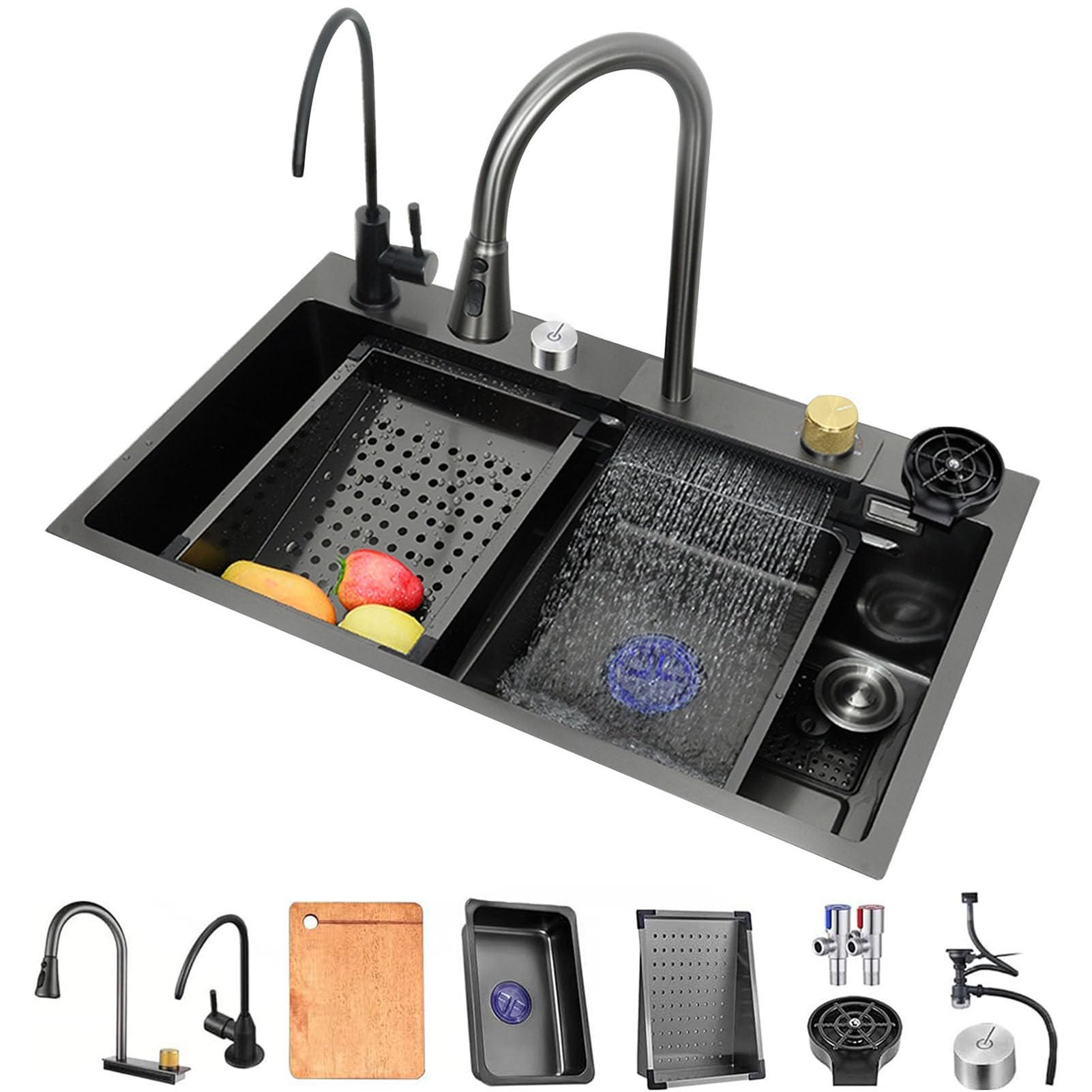 WIQUYBML Kitchen Sink, 304 Stainless Steel Nano Waterfall Single Workstation Sink with Flying Rain Pull-Out Faucet, Pressurized Cup Washer (Color : Black Grey-B, Size 80x45x21cm)