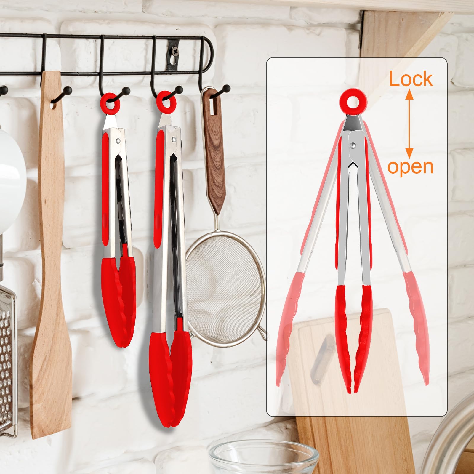 Pinzas de cocina de acero inoxidable de alta calidad resistentes al calor para cocinar, juego de pinzas de cocina de 9 y 12 pulgadas (rojo), punta de silicona antiarañazos para sartenes
