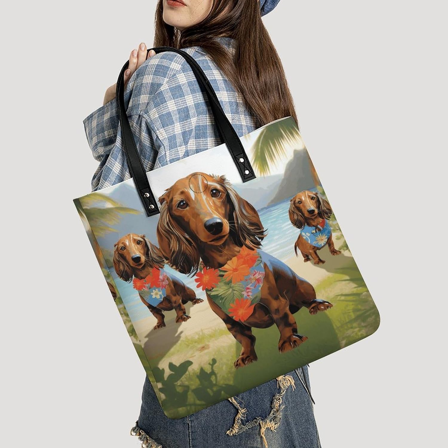 Dachshund Tropical Painting Art Handbags Large Capacity, Tote Bag Stylish Slouchy, Shoulder Bags for Work Beach Travel And Shopping Grocery.
